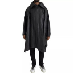Black Leather Hooded Men Trenchcoat Jacket Calf Clothing