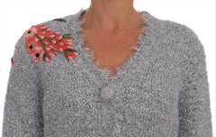 Women's Silver Cardigan Floral Applique Sweater Nylon Clothing