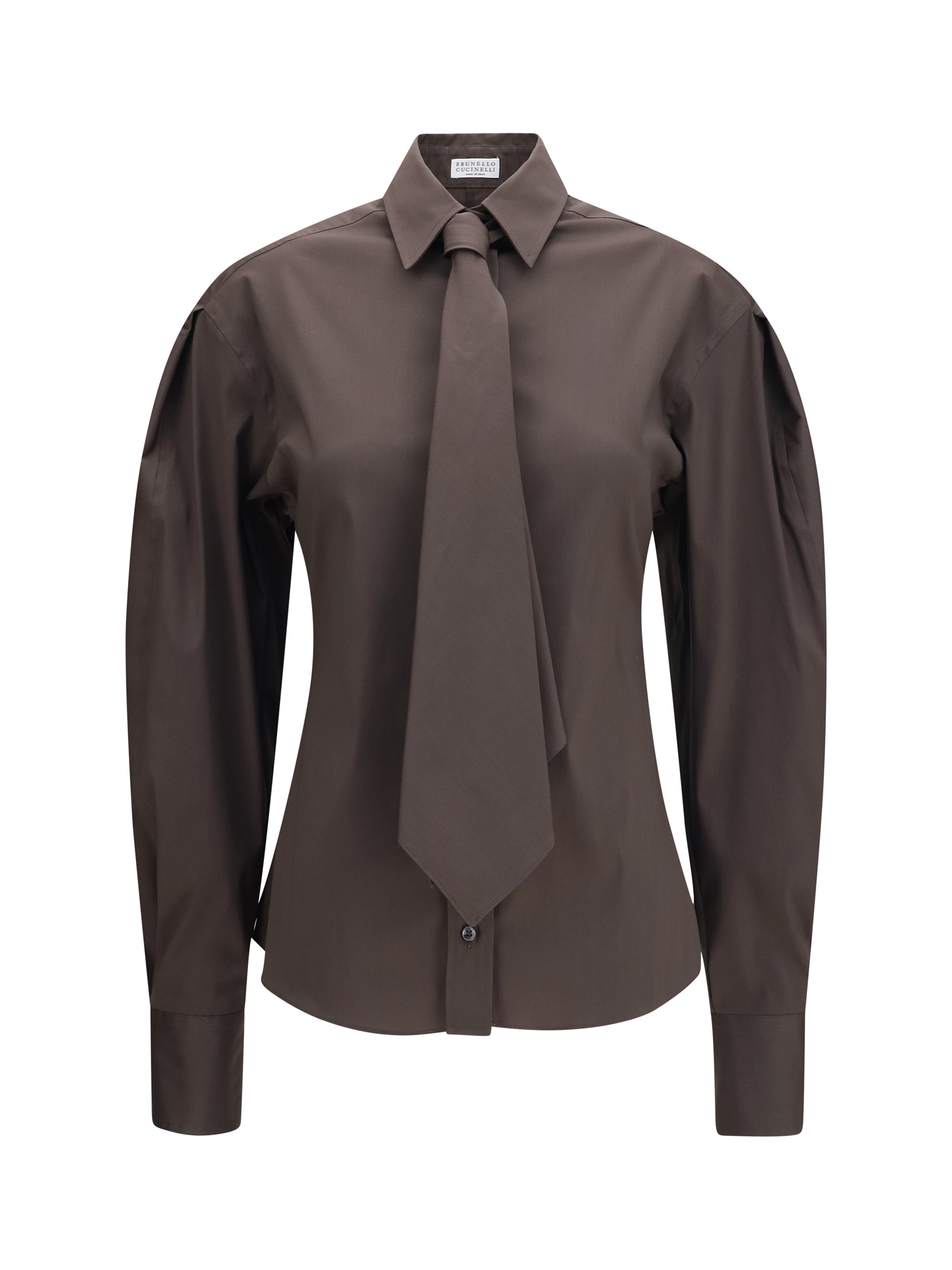 Brunello Cucinelli Cotton Blend with Integrated Tie Shirt — Brown