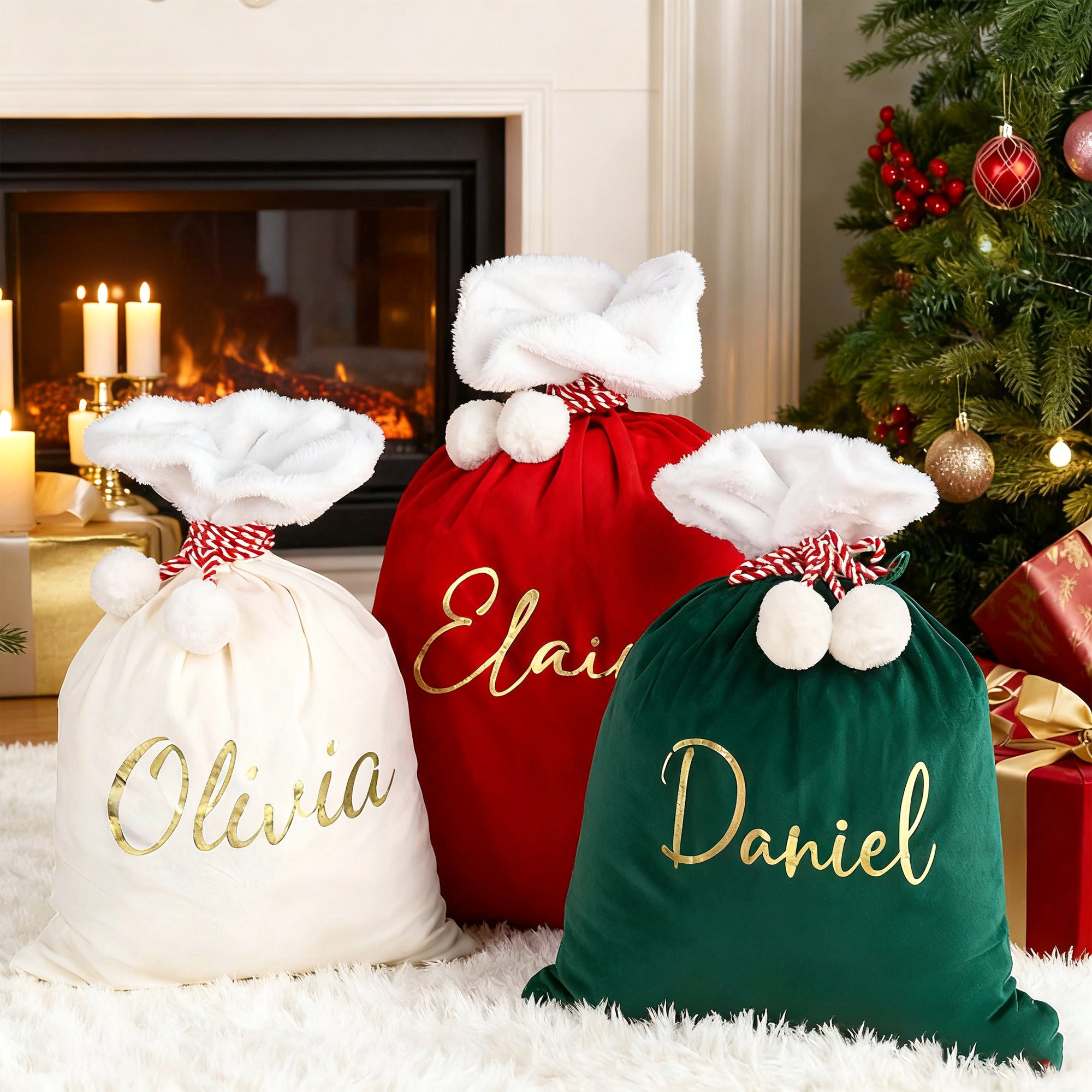 Bolsa de terciopelo grande personalizada para regalo de Papá Noel con pompón y nombre Fiesta de Navidad Regalo para niños Familia
