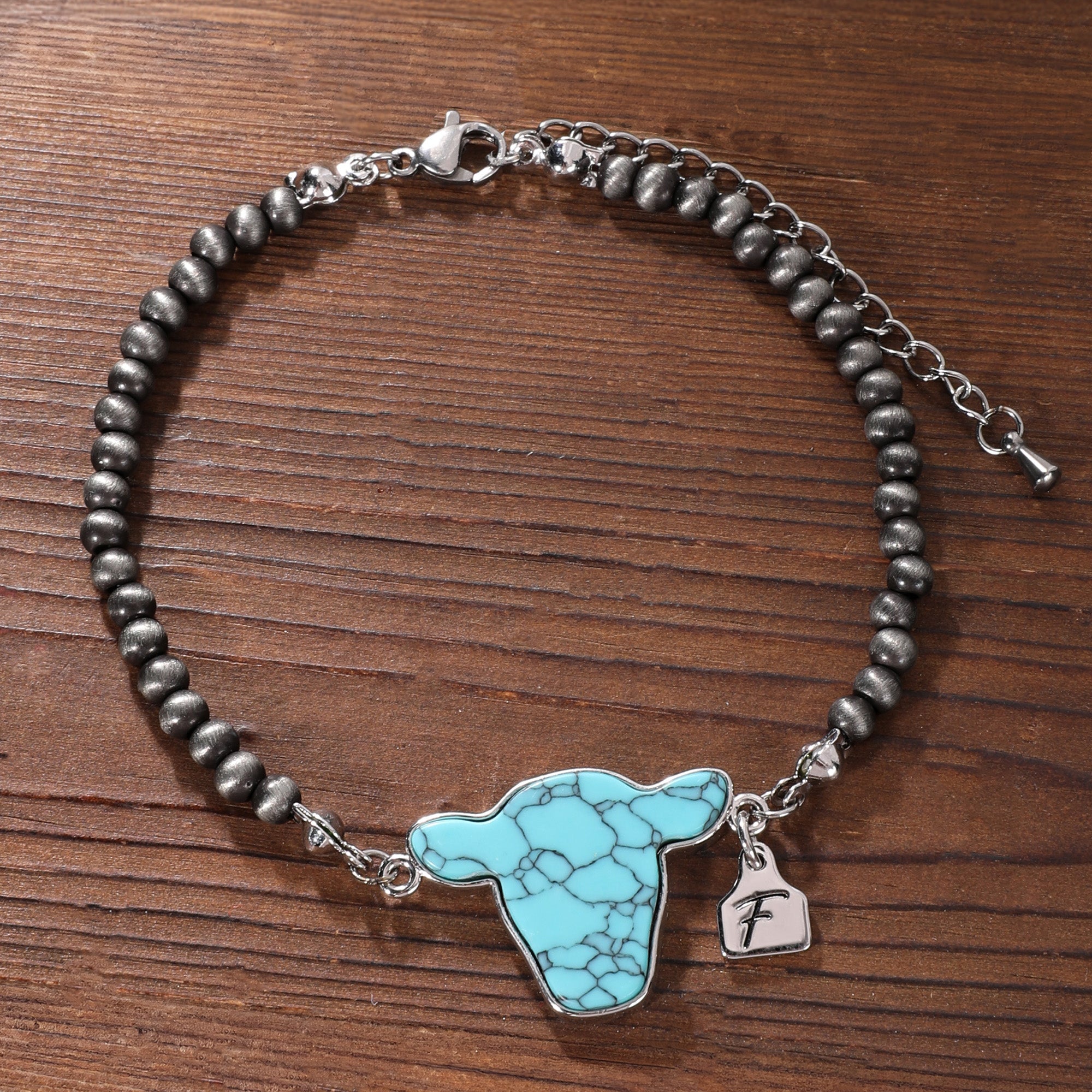 Personalizada Multicolor Cabeza de Vaca Piedra Preciosa Pulsera con Inicial Cumpleaños Aniversario Regalo para Vaquera Vaquero