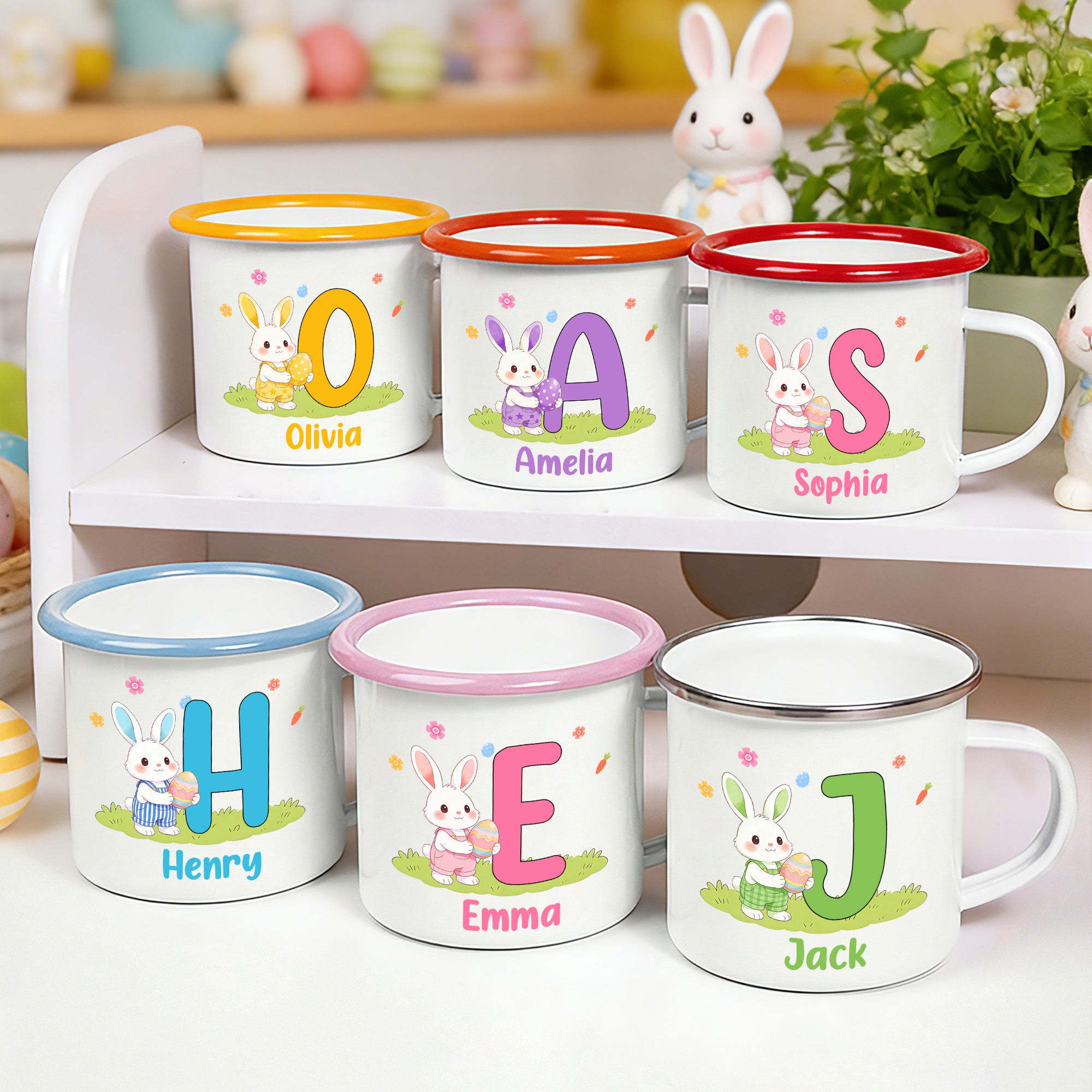 Taza esmaltada con nombre e inicial de conejo de Pascua personalizada 12 oz Huevo de Pascua lindo regalo de cumpleaños de Pascua para los niños