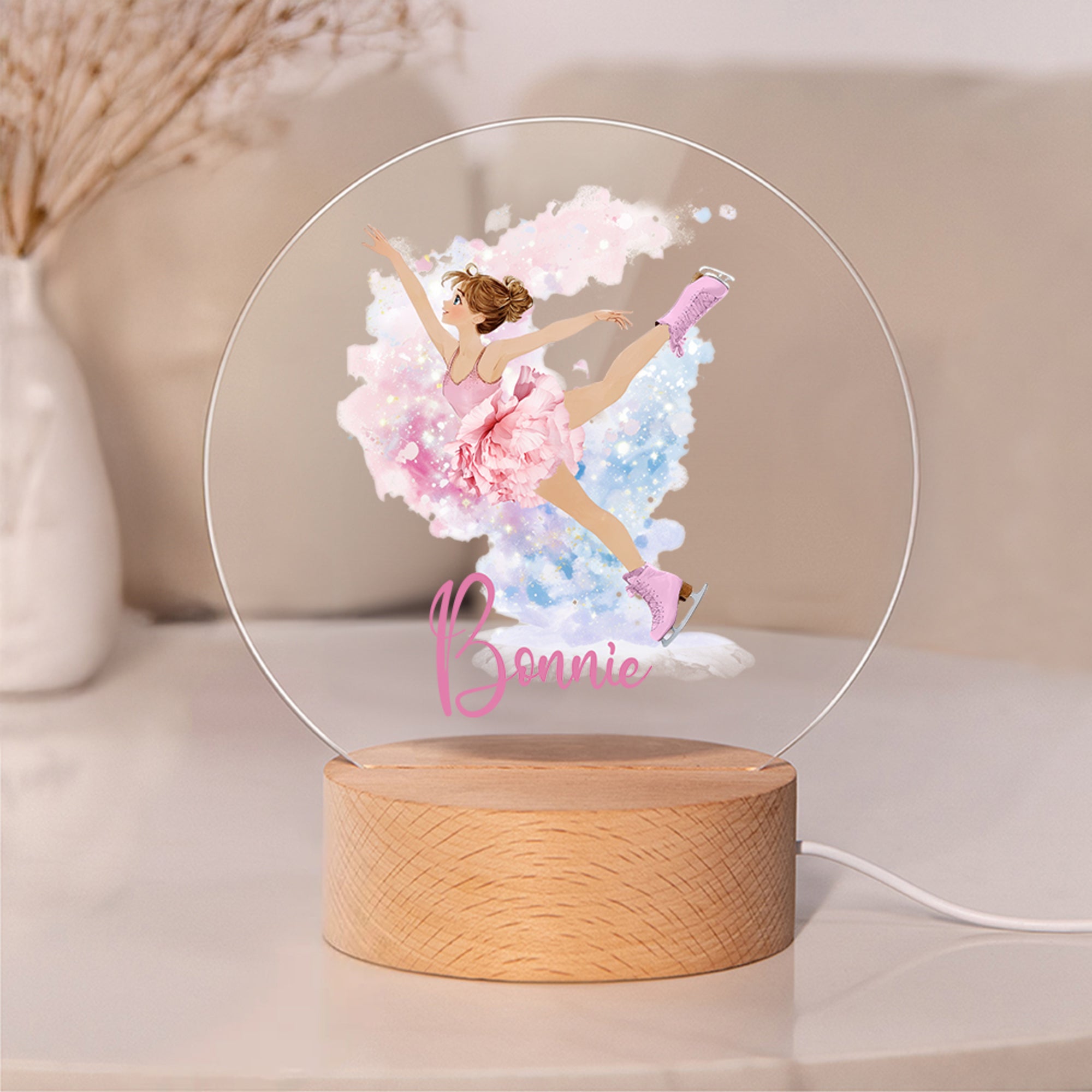 Lámpara de noche LED de acrílico con base de madera y nombre Personalizada Chica Patín de dibujos animados Flor de nacimiento Regalo de cumpleaños para chica amante del patín