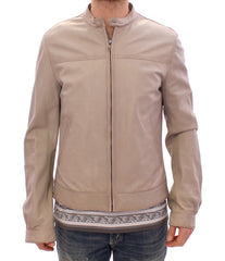 Men's Beige Leather Jacket Biker Coat Lambskin Clothing