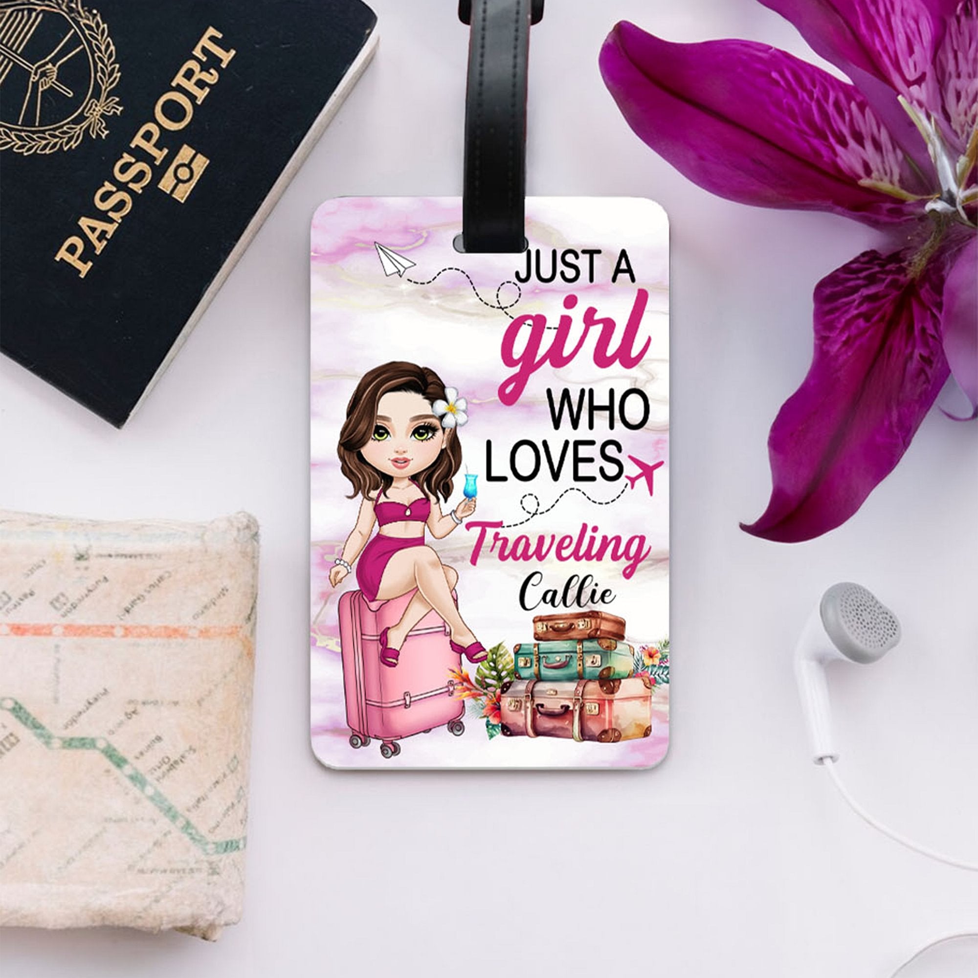 Etiqueta de equipaje de dibujos animados personalizada para vacaciones de verano con nombre Regalo de cumpleaños para mujeres amantes de los viajes