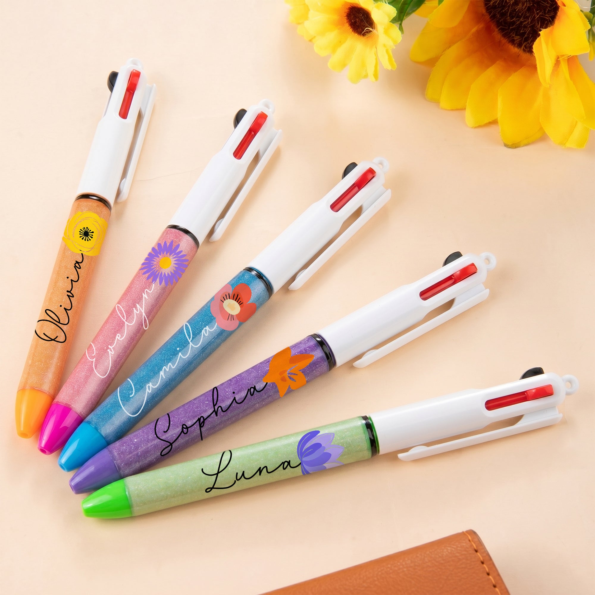 Personalizado Nacimiento Flor Patrón Tres Colores Retráctil Purpurina Bolígrafo con Nombre Uso Diario Cumpleaños Regalo para Estudiante Amigo