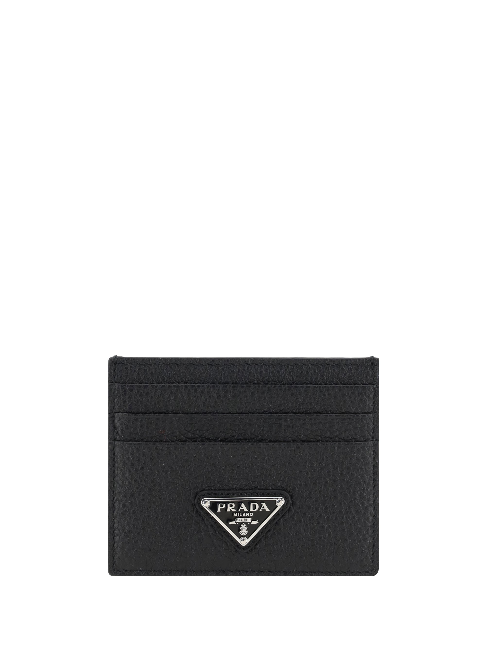 Prada Leather Card Case with Triangular Logo Plaque Card Case — Black