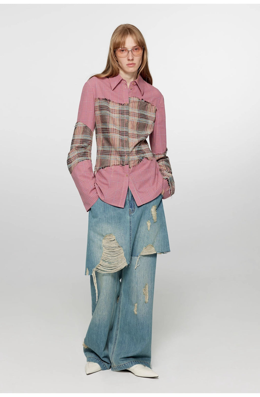 Fashionable Sniper Tencel blended fake two-piece stitching jeans women's ripped raw edge straight wide-leg pants