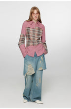 Fashionable Sniper Tencel blended fake two-piece stitching jeans women's ripped raw edge straight wide-leg pants