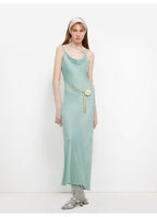 Island Riddle Glossy copper-ammonia silk satin light luxury swing collar slim fishtail suspender dress