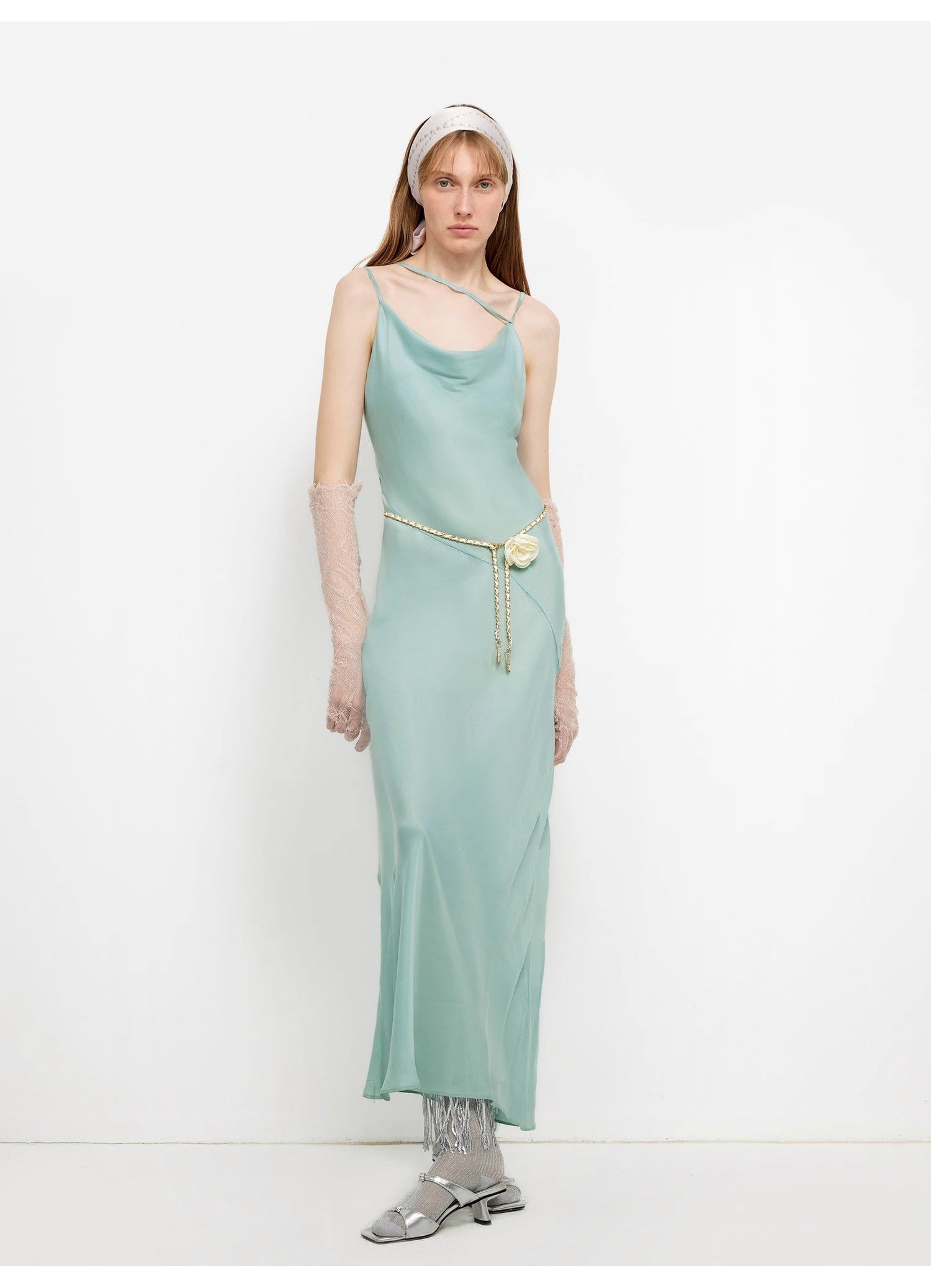 Island Riddle Glossy copper-ammonia silk satin light luxury swing collar slim fishtail suspender dress