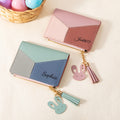 Personalizado lindo conejo Tricolor Patchwork Nombre portátil PU Cartera de cuero con cremallera y tarjetero Regalo de cumpleaños para las mujeres niñas