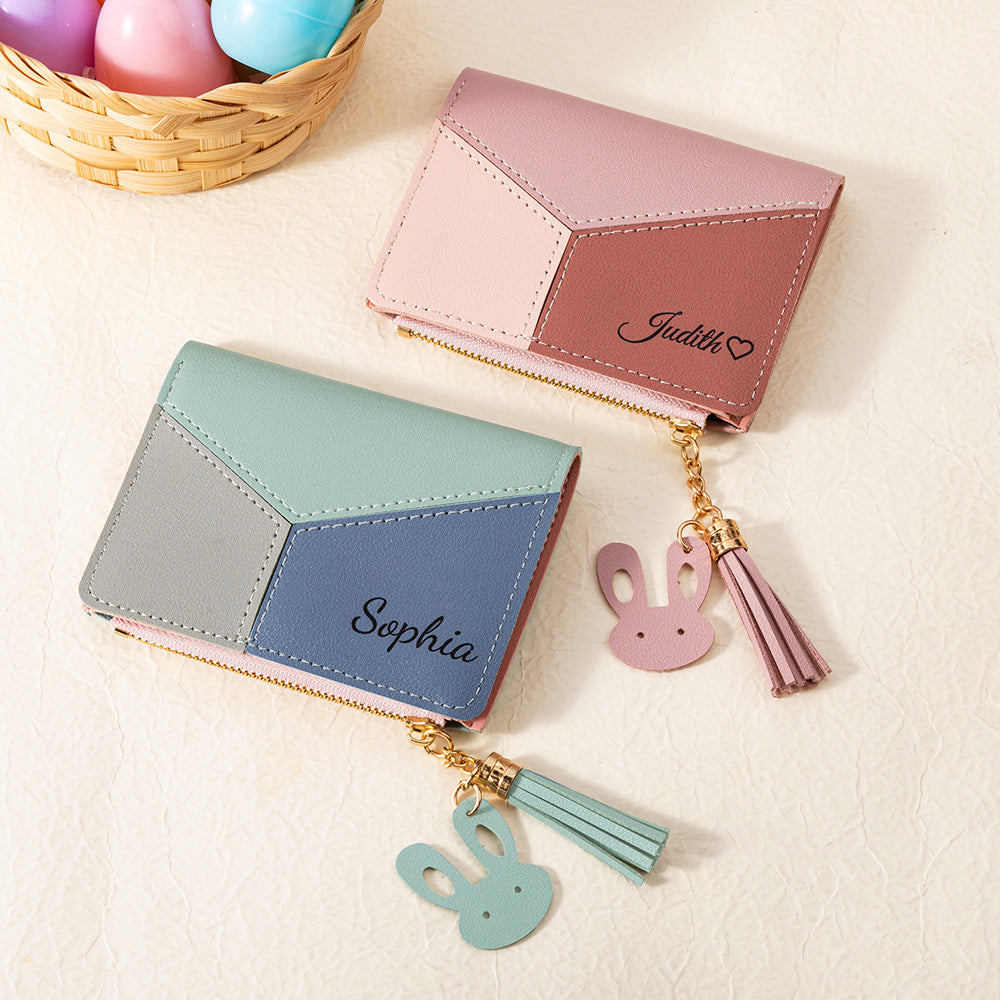Personalizado lindo conejo Tricolor Patchwork Nombre portátil PU Cartera de cuero con cremallera y tarjetero Regalo de cumpleaños para las mujeres niñas