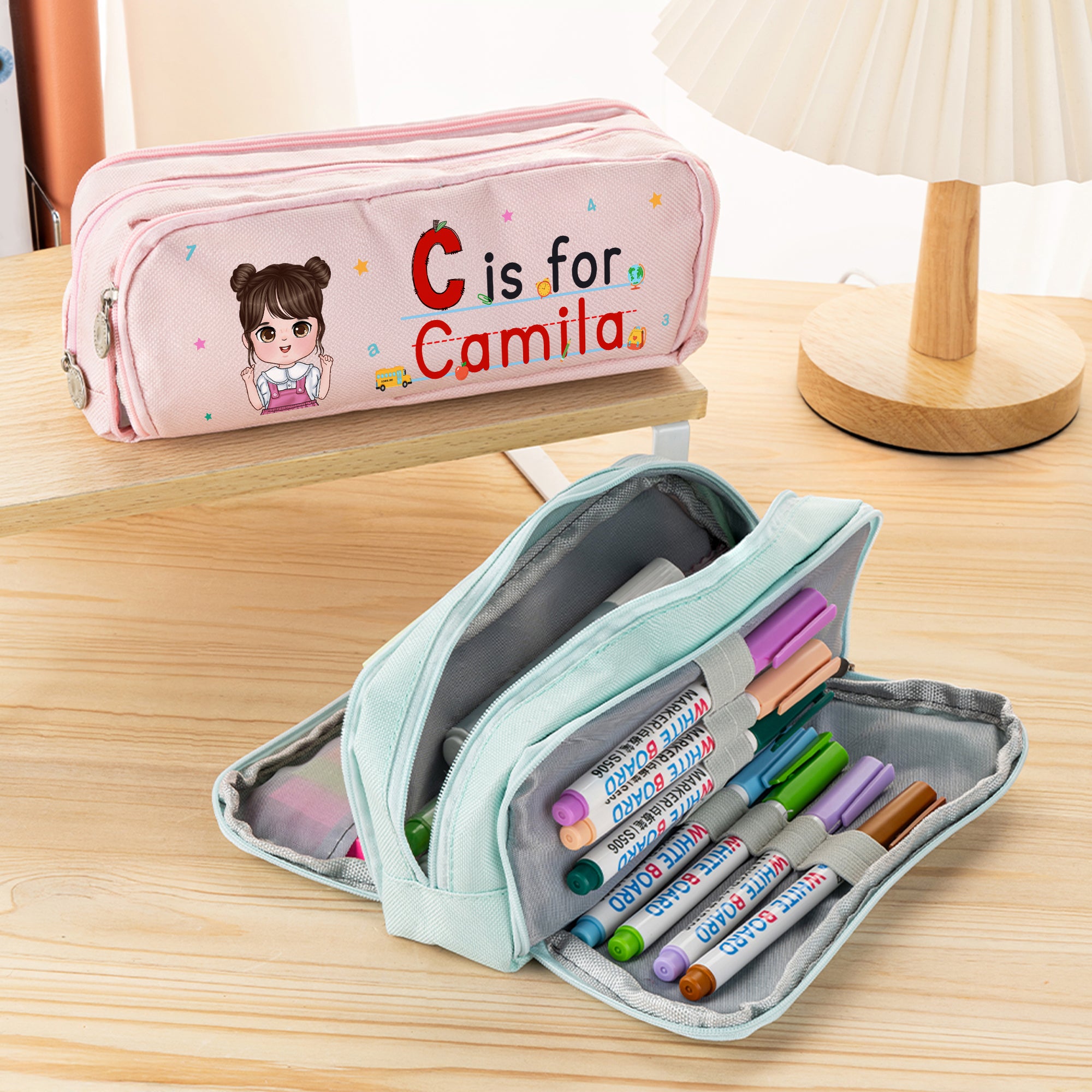 Personalizado lindo dibujo animado niño lápiz Apple cuaderno inicial de tres capas lápiz caso con el nombre de material escolar de vuelta a la escuela de regalo para los niños niñas