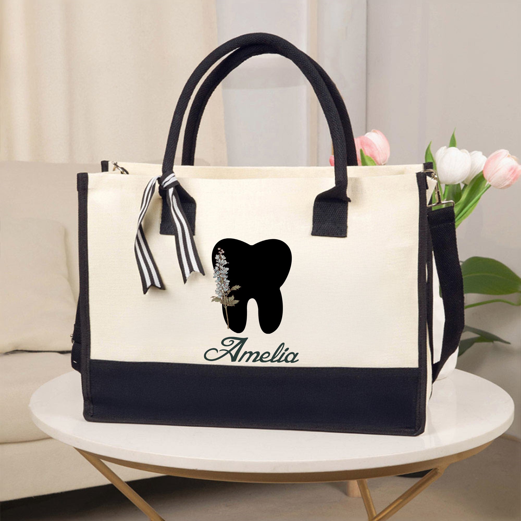 Personalizada Nacimiento Flor Diente Blanco y Negro Grande Bolsa de Lona con Nombre Cumpleaños Agradecimiento Regalo para Mujeres Dentistas