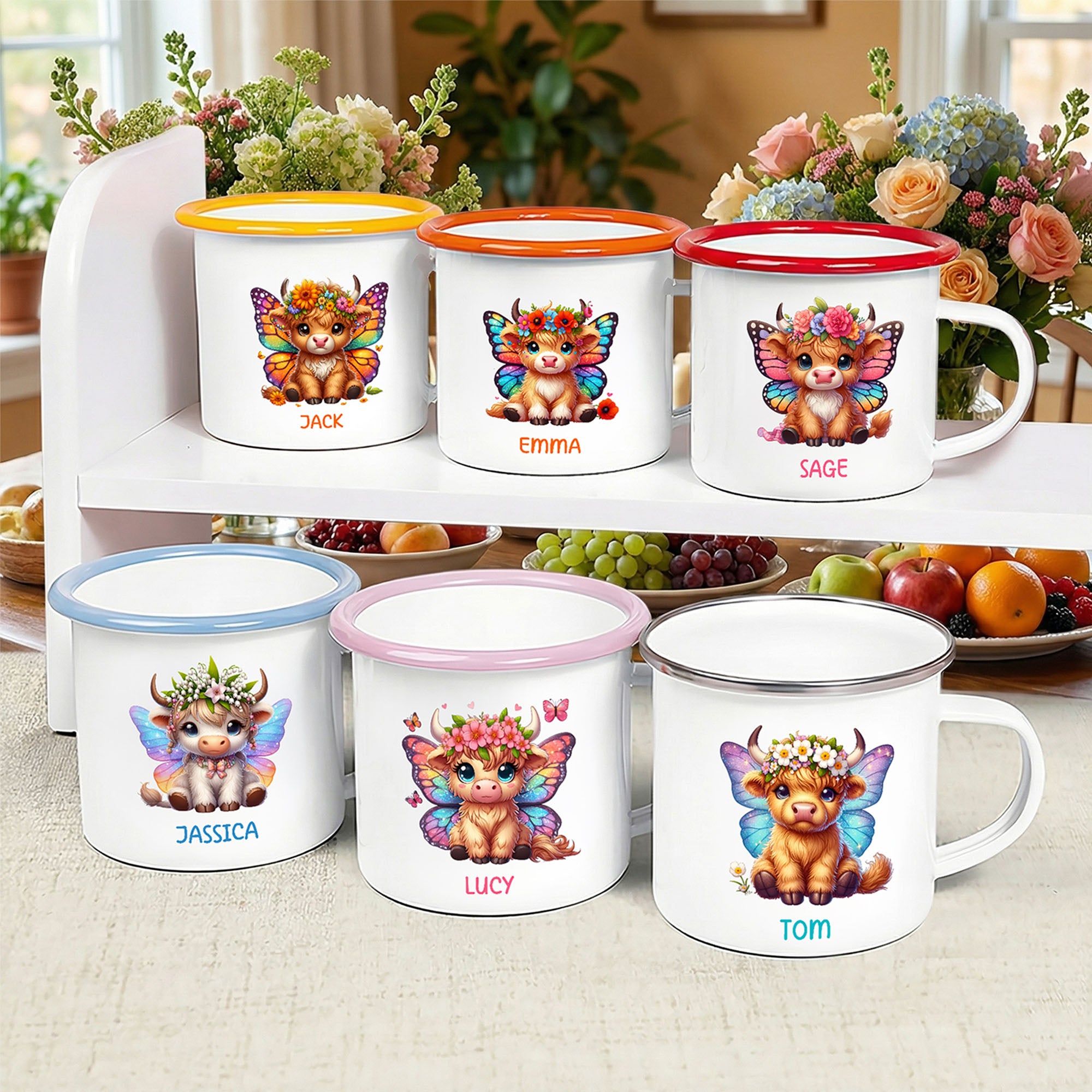 Mes de nacimiento personalizado Highland Vaca 12 oz Taza esmaltada con nombre Uso diario Regalo de cumpleaños para los niños