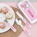 Juego de cubiertos personalizado Fantasy Unicorn Tenedor Cuchara Cuchillo 3 piezas con nombre y estuche Regalo de cumpleaños de vuelta al cole para niños Niñas