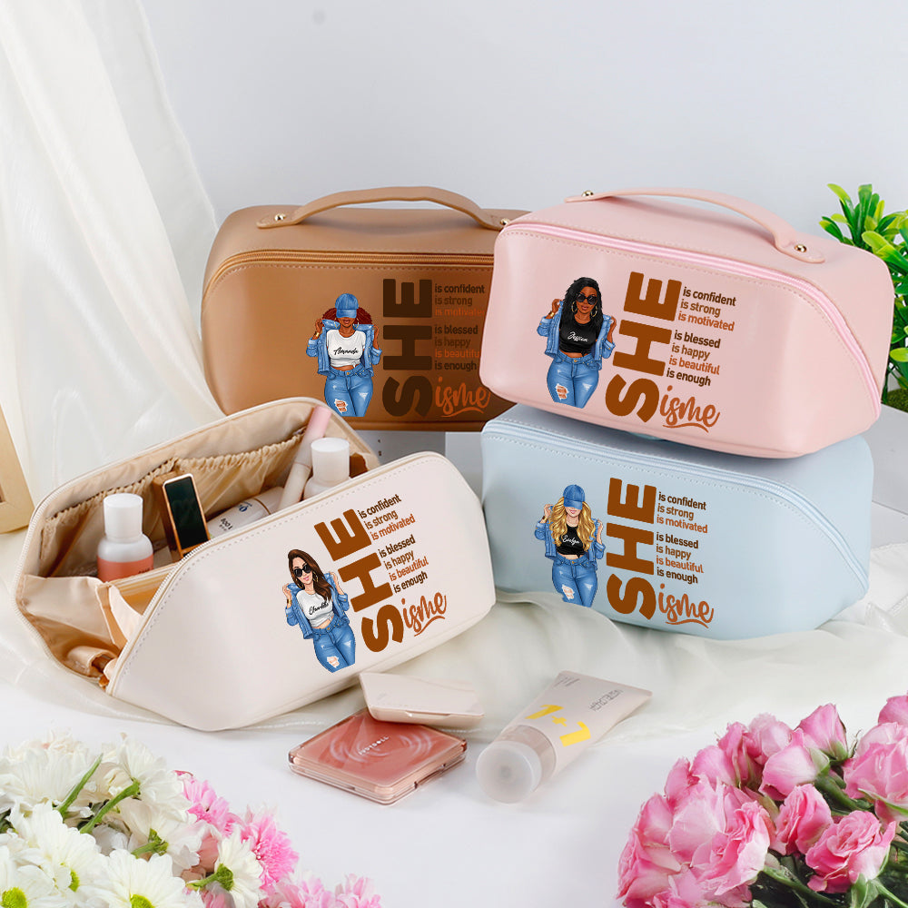 Personalizado de moda de dibujos animados Hip Hop Chica de cuero de gran apertura bolsa de maquillaje con el nombre de cumpleaños Estímulo Afirmación de regalo para las mujeres