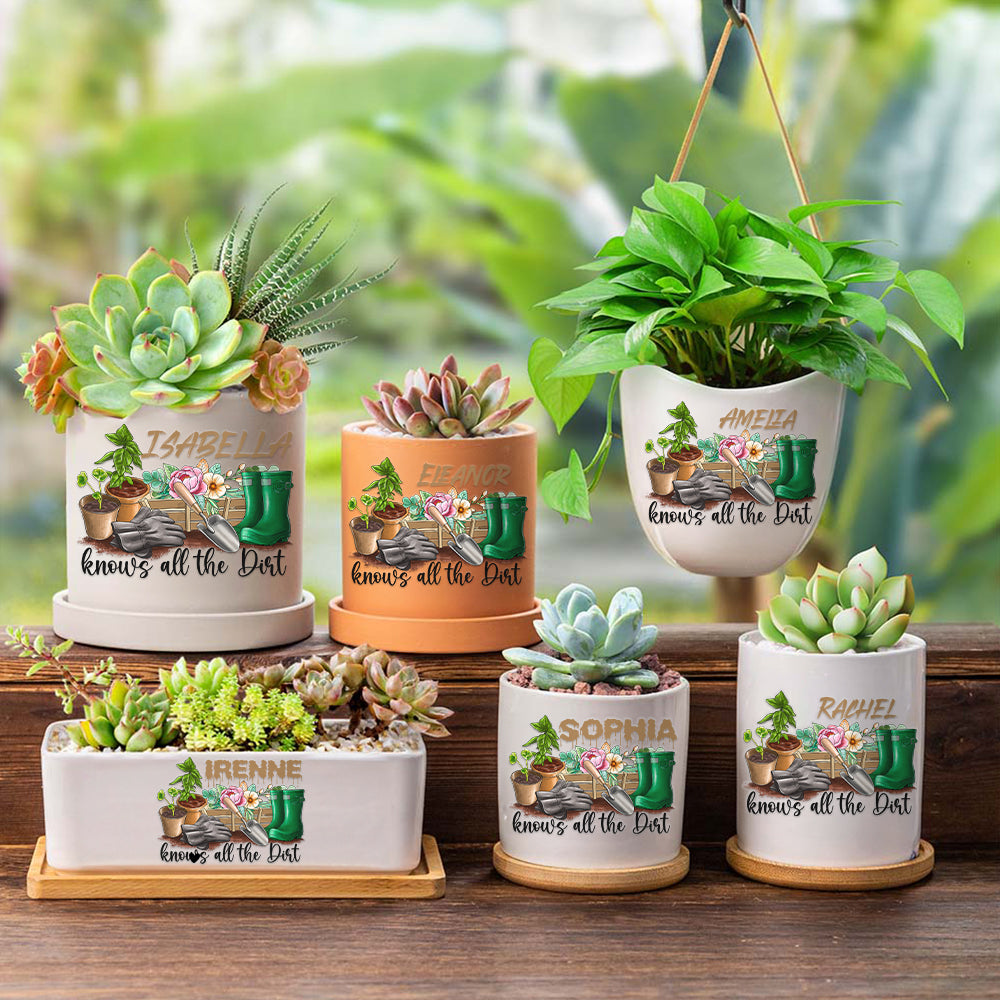 Maceta de cerámica personalizada con nombre floral Know All the Dirt con agujero de drenaje y base de madera Decoración del hogar Regalo del Día de la Madre para mamá Abuela