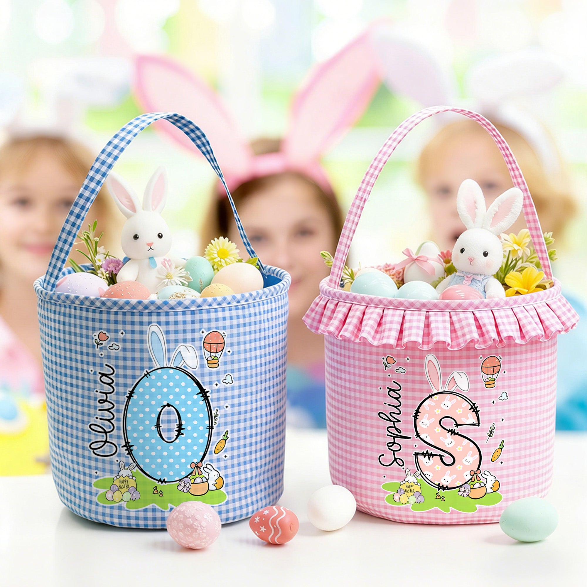 Personalizado lindo conejito Inicial Flor Plaid Cesta de Pascua con el nombre de Pascua Caza del Huevo de Pascua Regalo para Niños Niñas