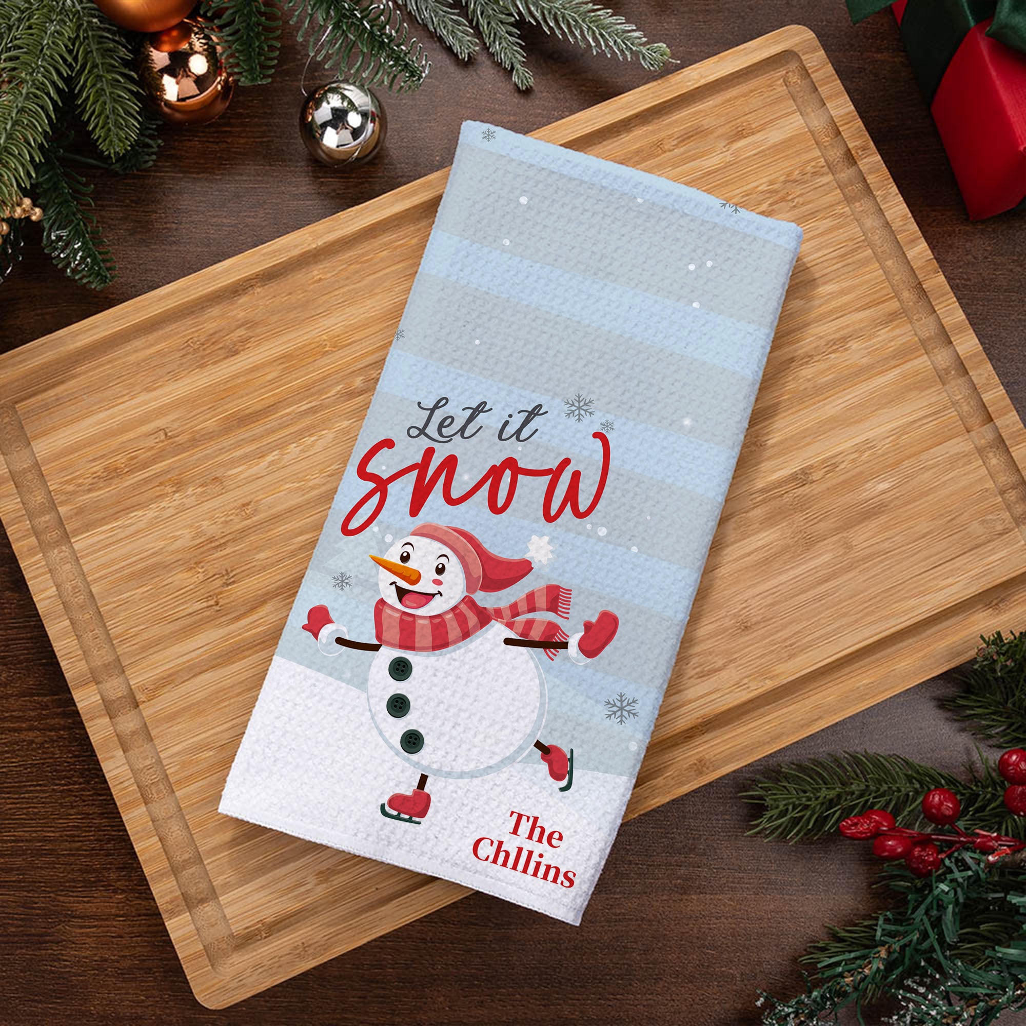 Toalla de Cocina Personalizada Muñeco de Nieve Patinando sobre Hielo con Texto Artículos de Cocina Regalo de Navidad para Amigos de la Familia