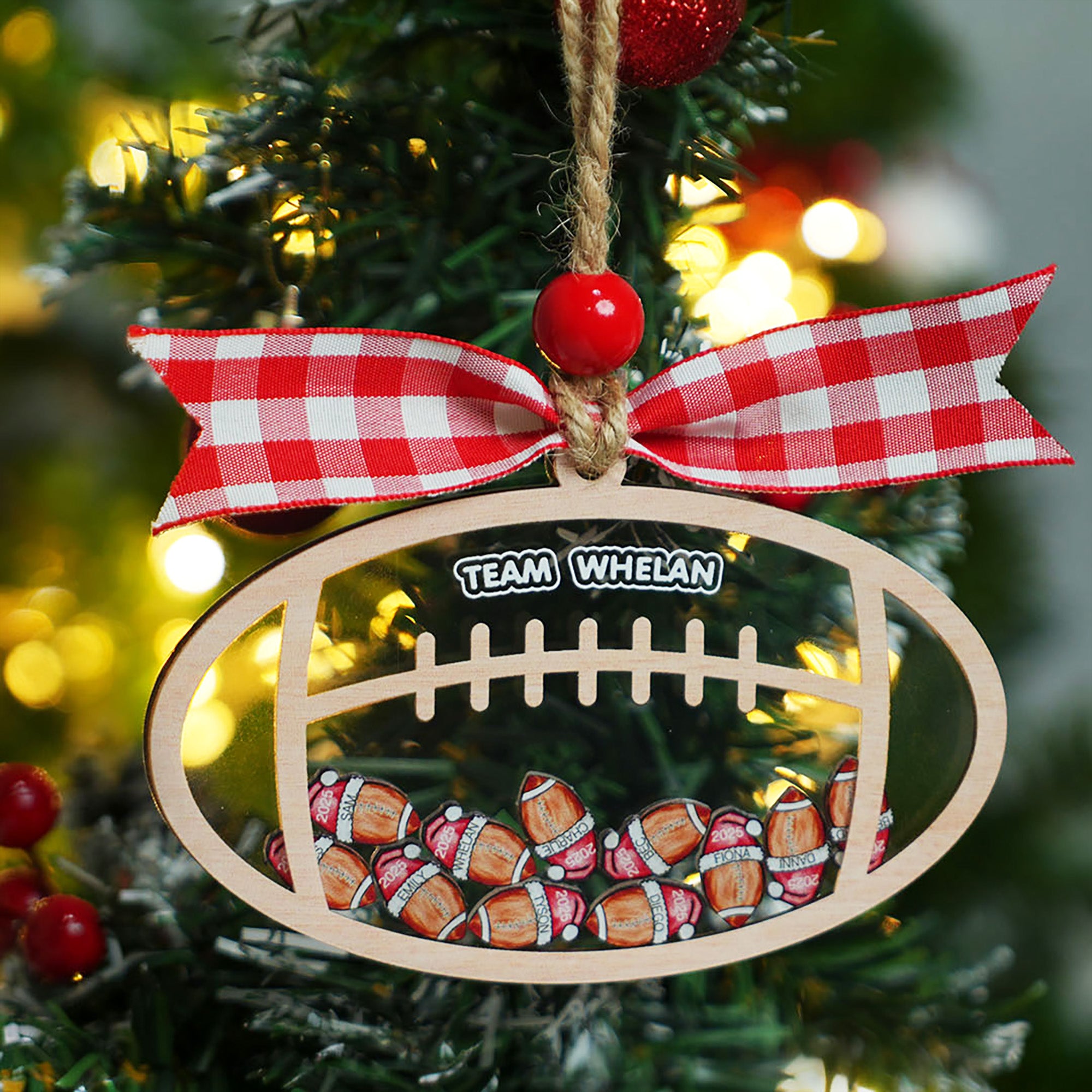 Gorro de Papá Noel personalizado Ornamento navideño de fútbol con 6-15 nombres y el nombre del equipo Regalo de Navidad para entrenador amante del fútbol