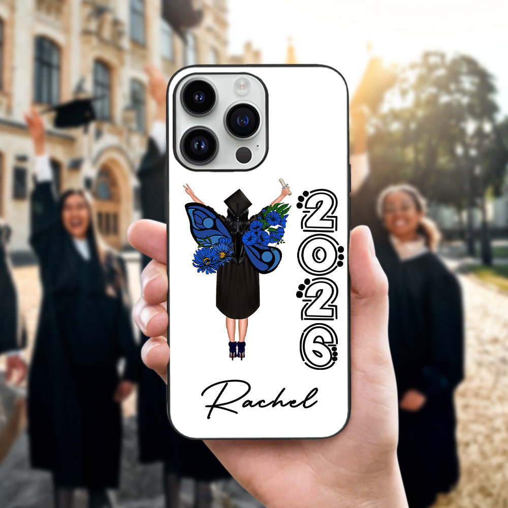 Funda personalizada para iPhone con nombre y año de nacimiento Flor Mariposa Graduación Cumpleaños Regalo para Mujeres Graduadas