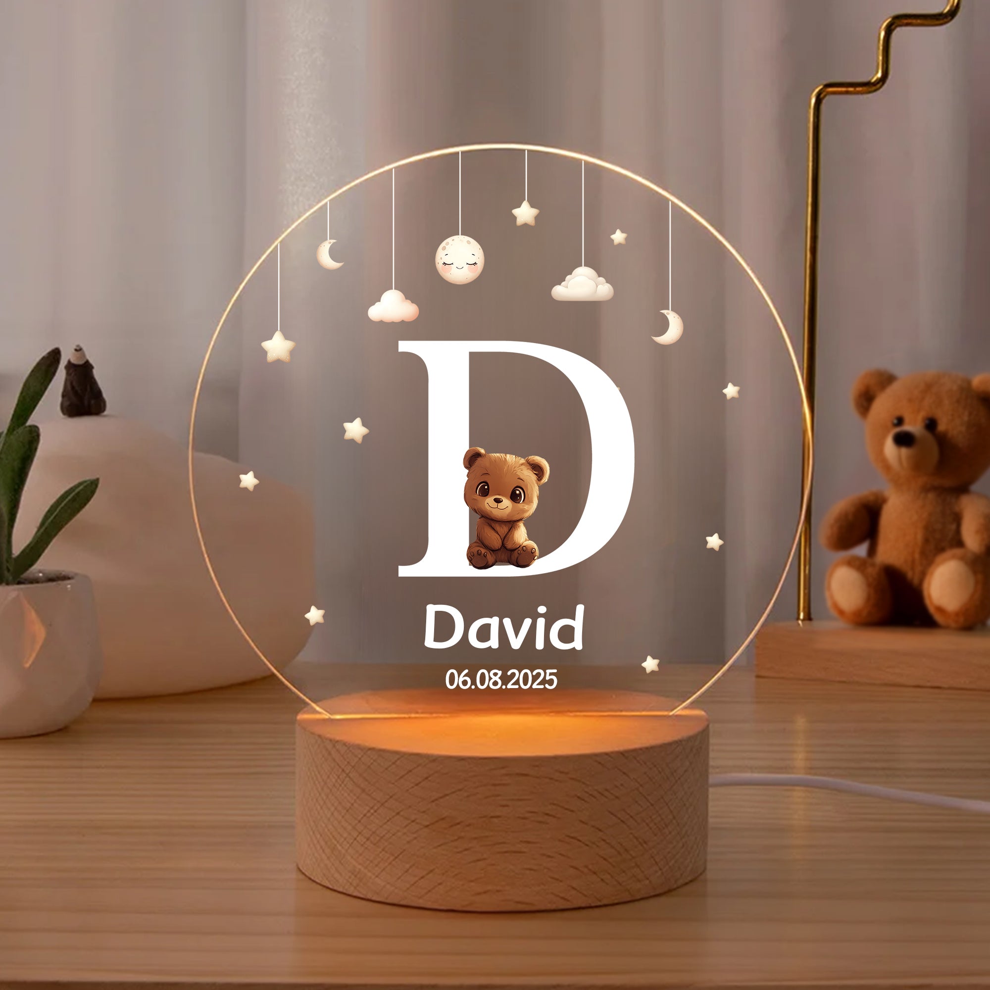 Personalizada Lindo Animal Perro Gato LED Luz de Noche con Nombre y Base de Madera Decoración de Guardería Regalo de Cumpleaños para Niños Amantes de las Mascotas