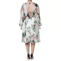 Women's White Silk Floral Print A-Line Midi Dress
