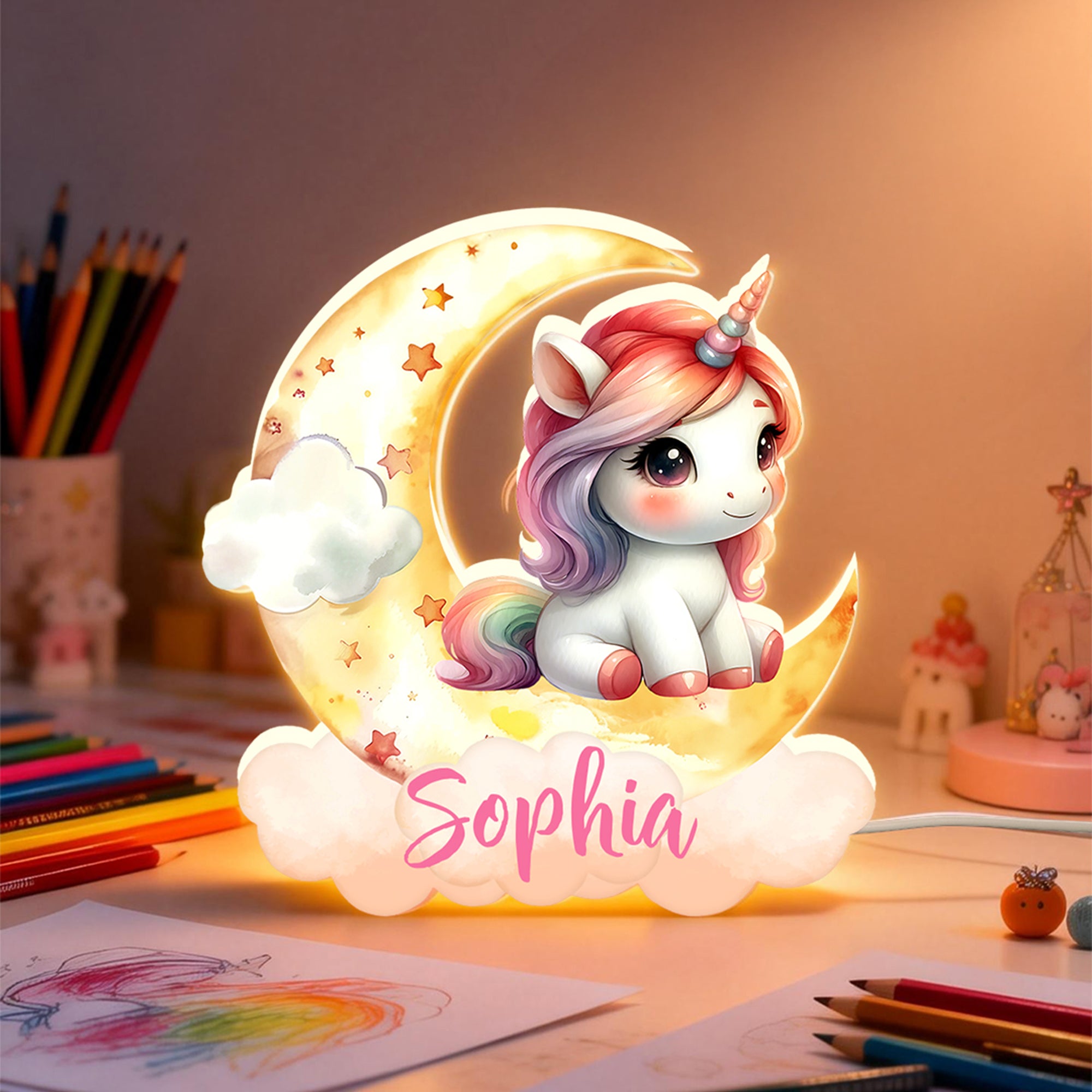 Luz nocturna LED acrílica personalizada de unicornio de fantasía luna soñadora y nubes decoración infantil regalo de cumpleaños para niñas