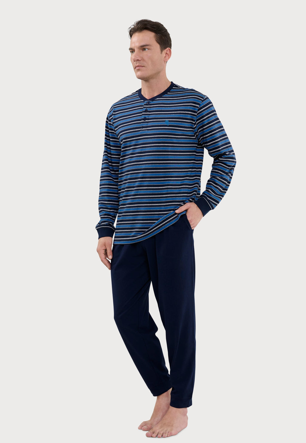Pijama Hombre Largo Tapeta Algodón Punto Rayas - Azul 5591_39