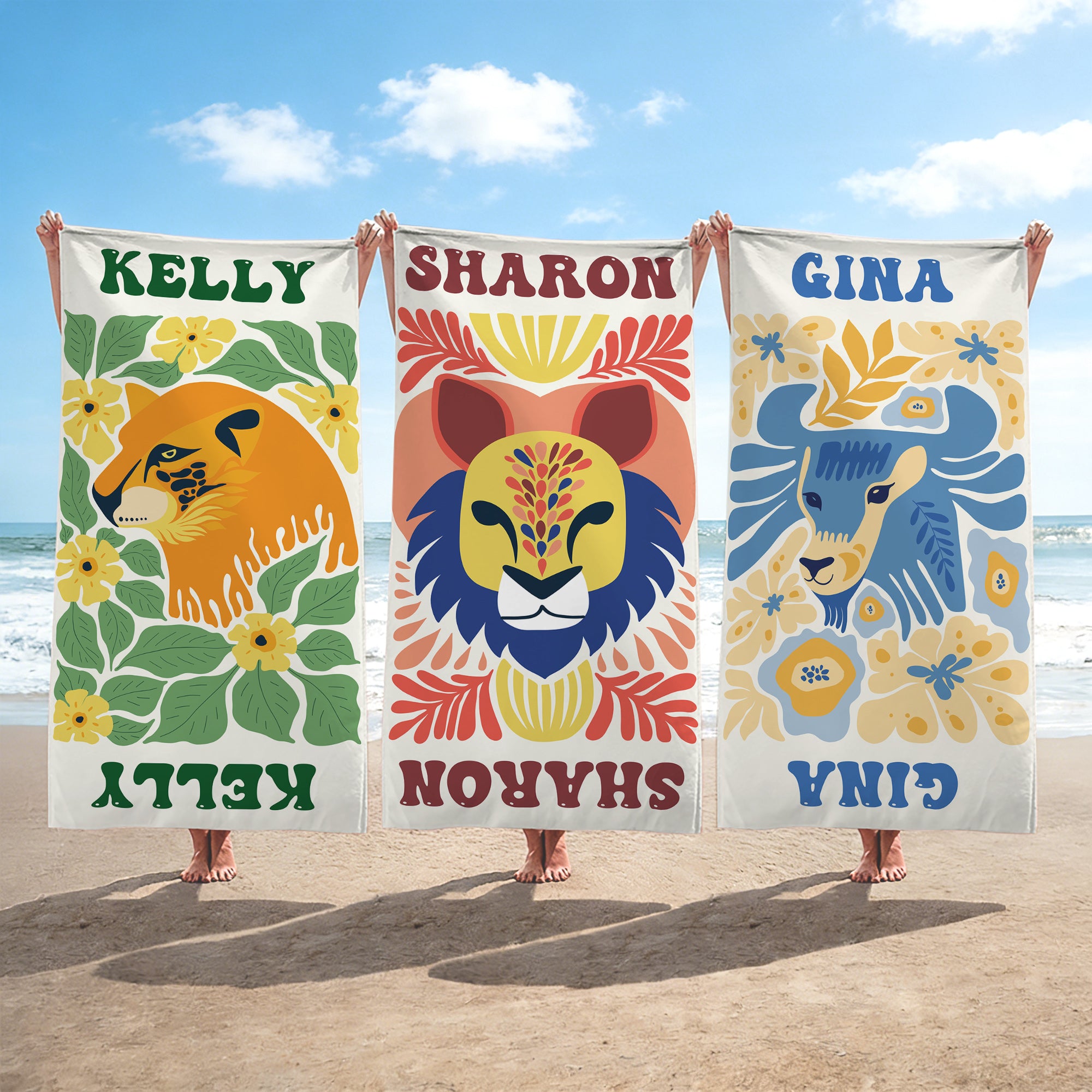 Toalla de playa personalizada con nombre de animal floral abstracto de gran tamaño y secado rápido Fiesta en la playa Regalo de cumpleaños para familiares y amigos