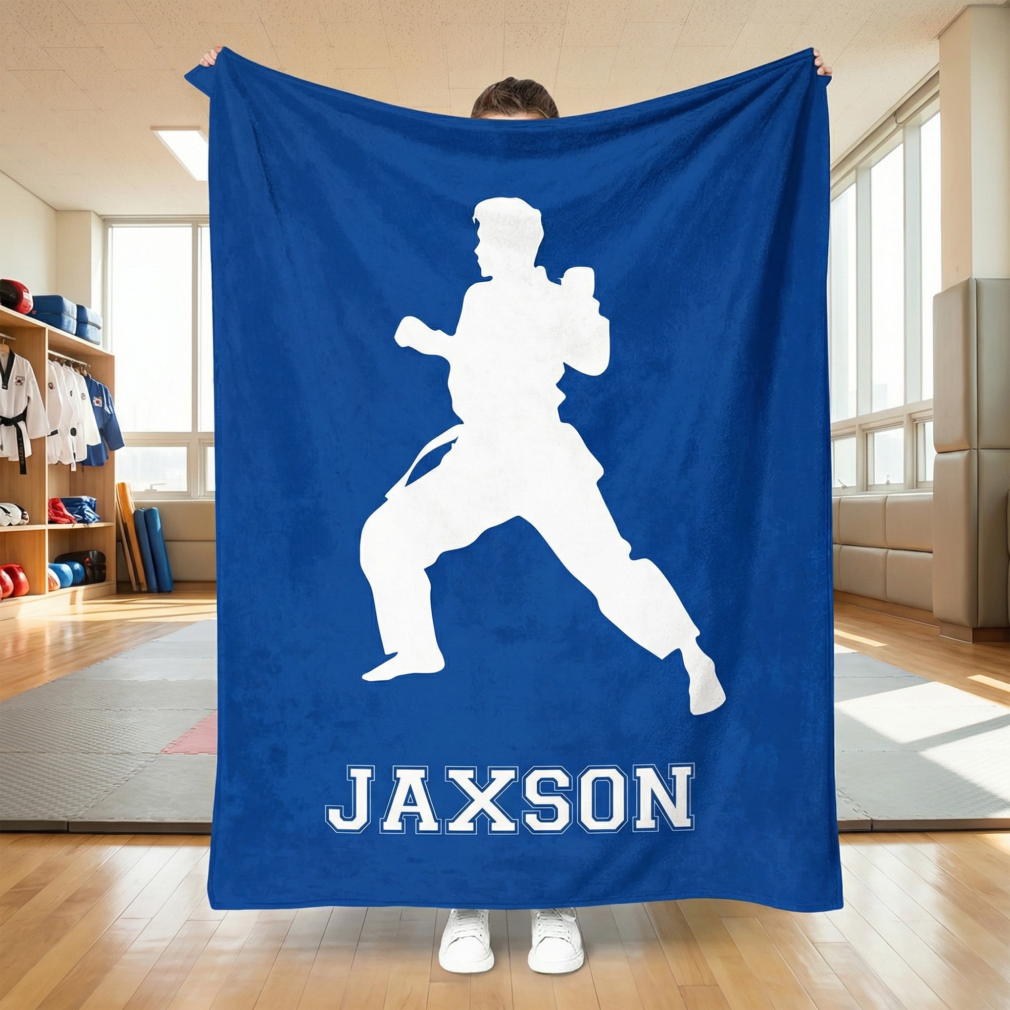 Silueta de taekwondo personalizada Manta suave con nombre Decoración del hogar Uso diario Regalo de cumpleaños para entusiastas del taekwondo