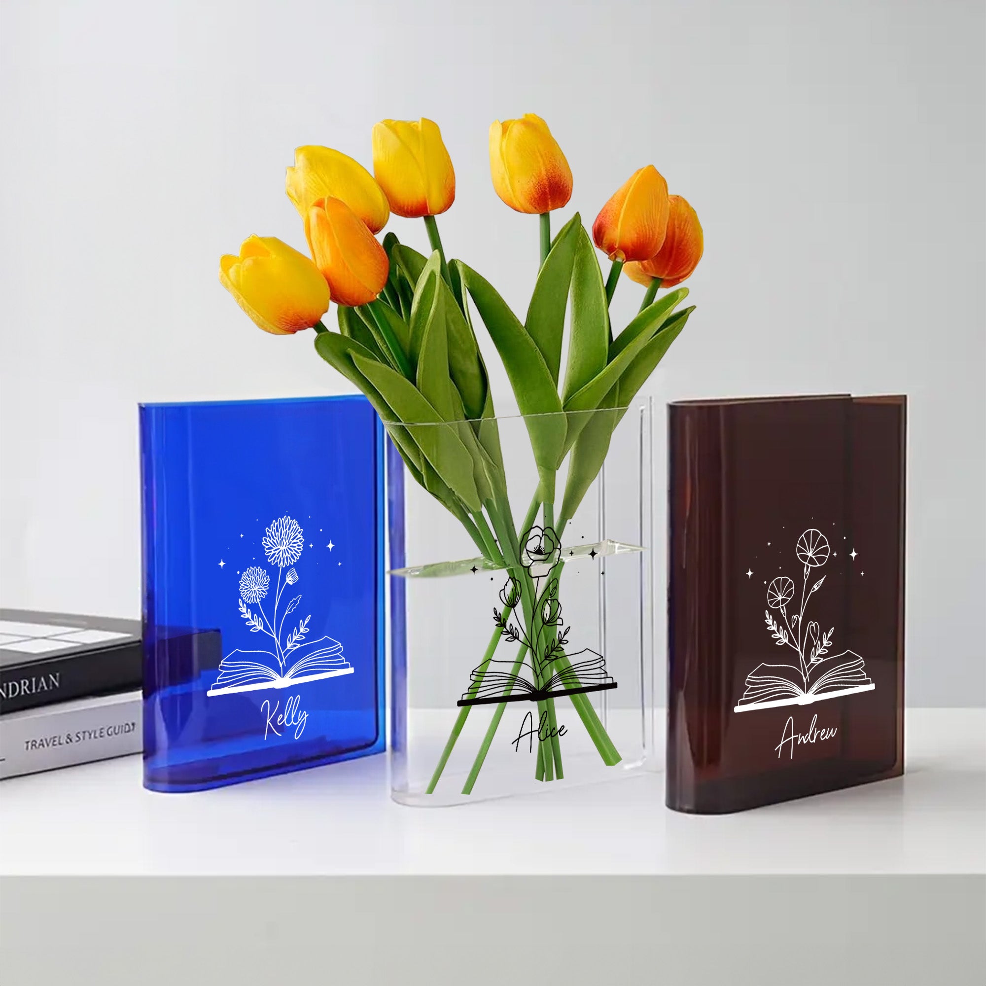 Flor de Nacimiento Personalizada Florero Transparente con Nombre Decoración de Estantería Regalo de Cumpleaños para los Amantes de los Libros
