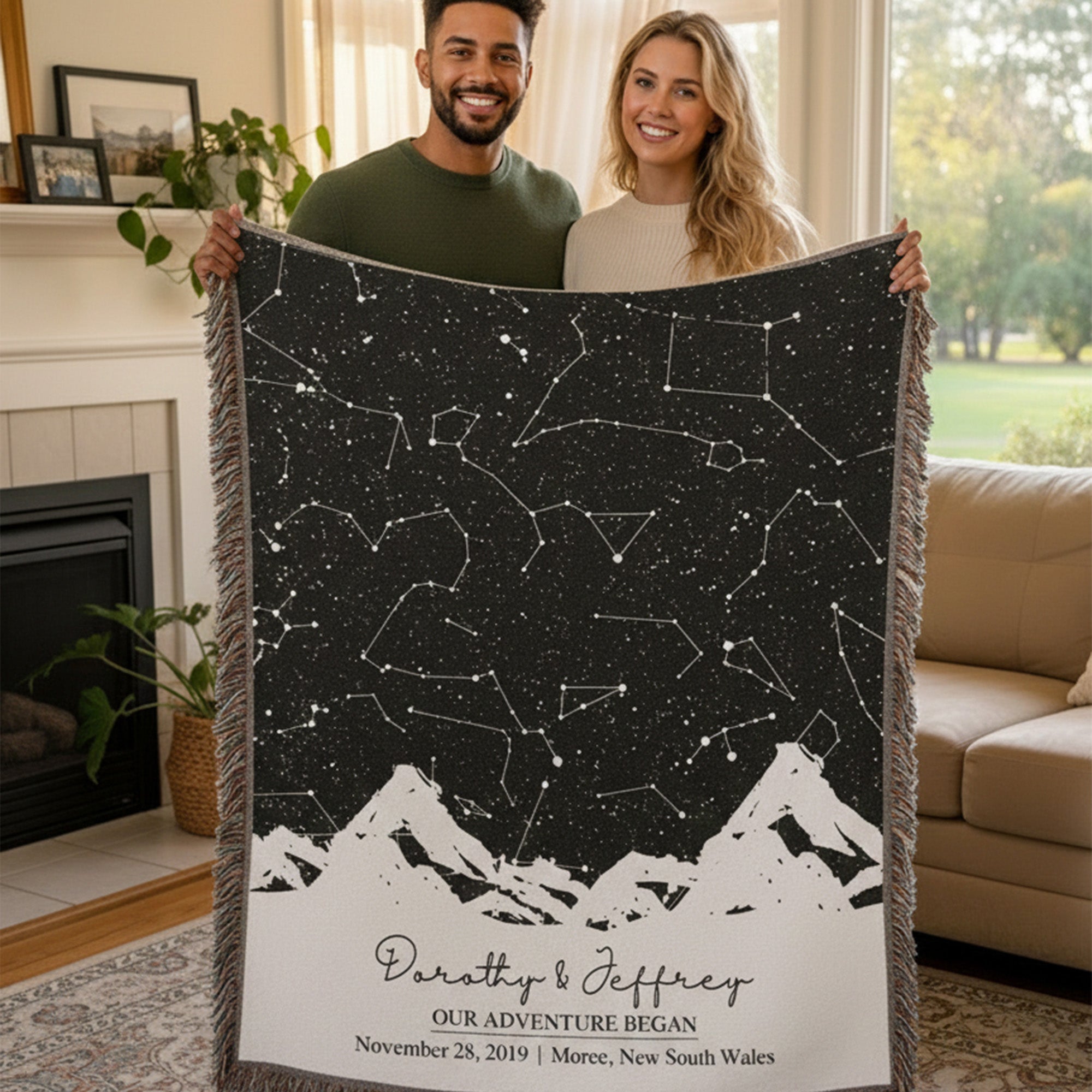 Mapa personalizado de las estrellas y las fases de la luna Manta suave con nombre, título, fecha y lugar Decoración del hogar Día de San Valentín Regalo de aniversario de boda para la pareja