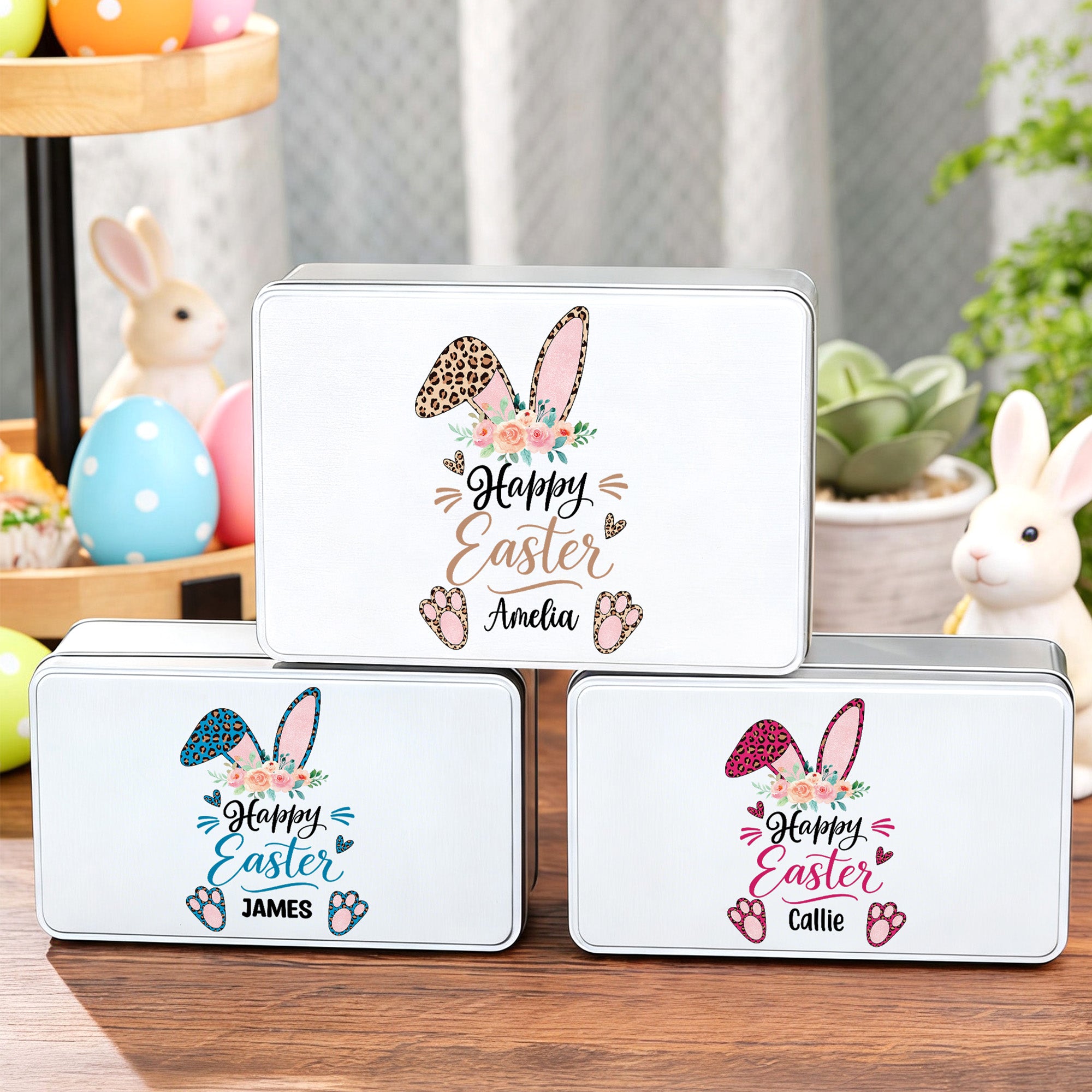 Conejito de Pascua con orejas de leopardo personalizado Lata de galletas de metal con nombre Regalo de Pascua para niños Familia Amigos