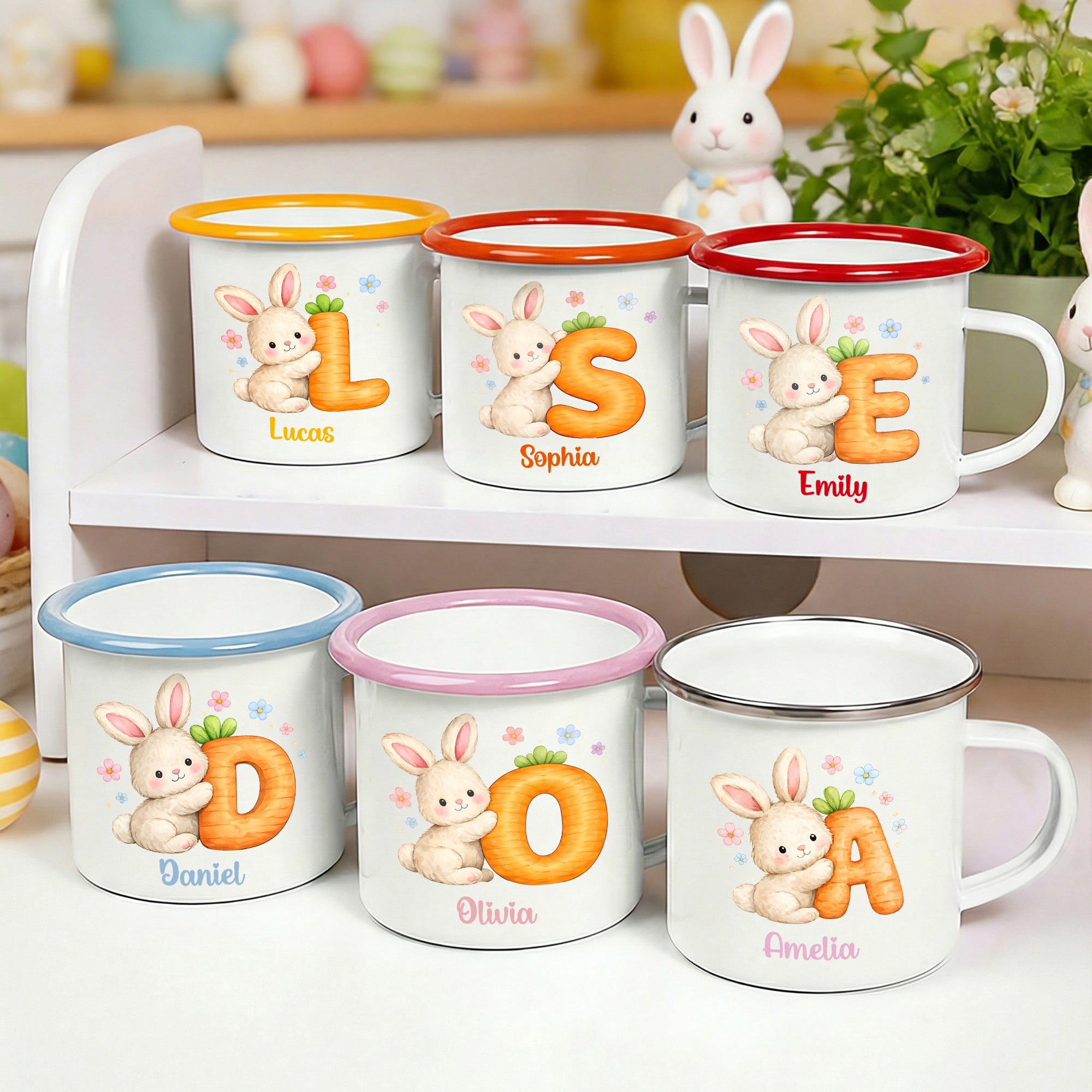 Personalizada Healing Illustration Cute Bunny Carrot Initial 12 oz Taza de esmalte con nombre Uso diario Pascua Fiesta Regalo para niños