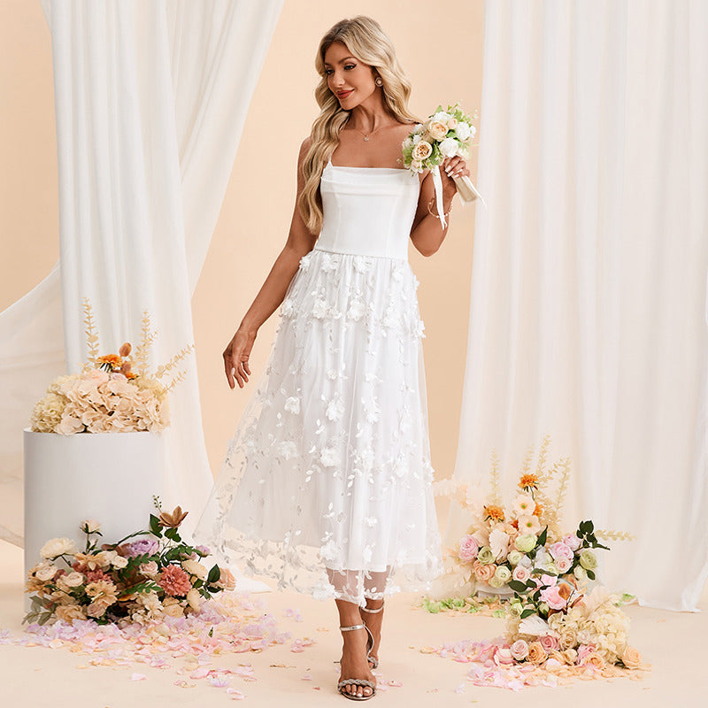 Bridal Wedding Dress White Spaghetti Straps Short Cowl A-line Tulle. Available in Regular, Petite & Plus Size.