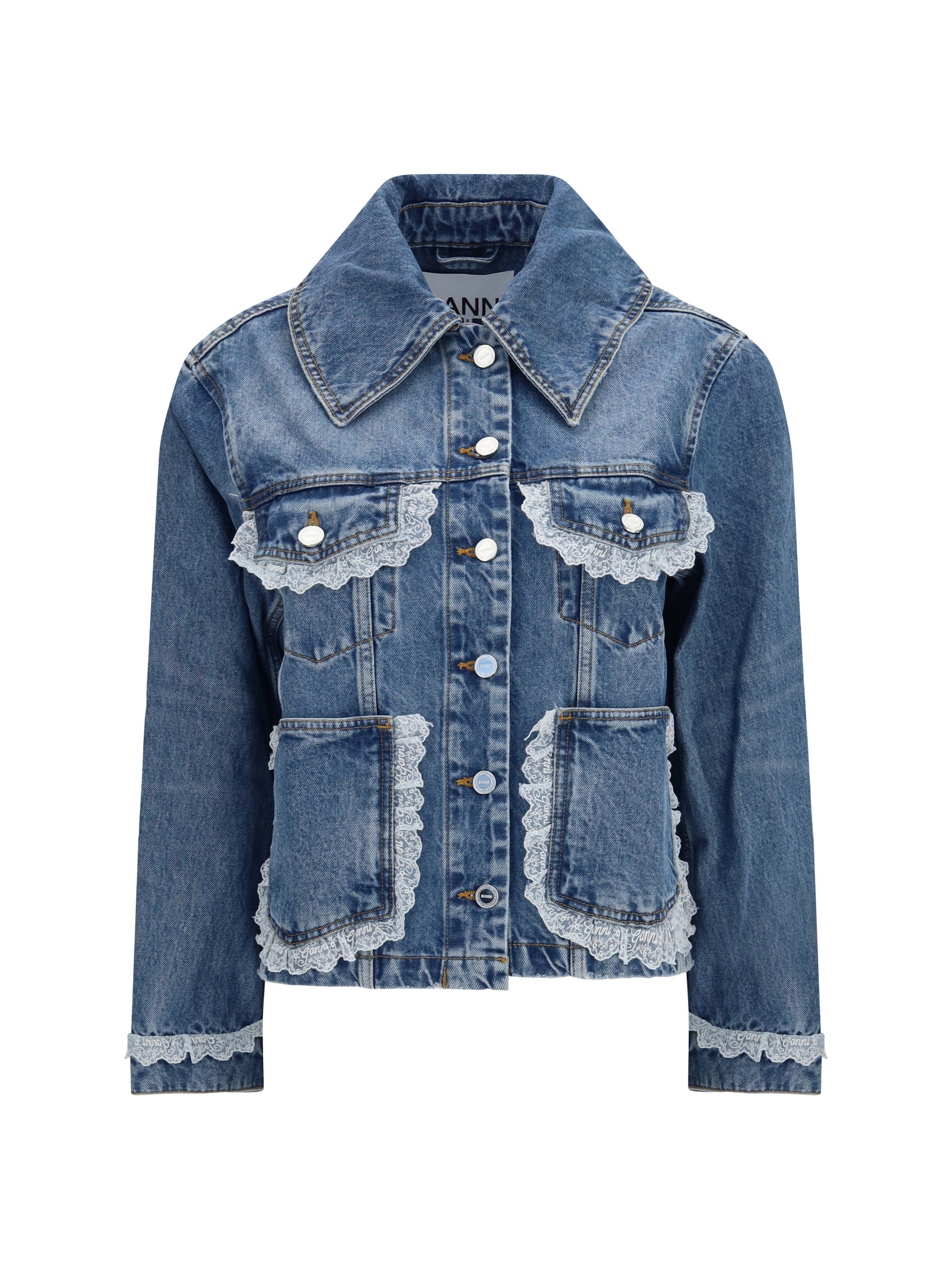 Ganni Lace-Trimmed Rigid Denim Jacket — Blue