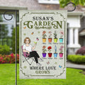 Bandera de jardín personalizada con personaje de dibujos animados, flor de nacimiento y nombre Decoración de jardín Regalo del Día de los Padres para los amantes de la jardinería en familia