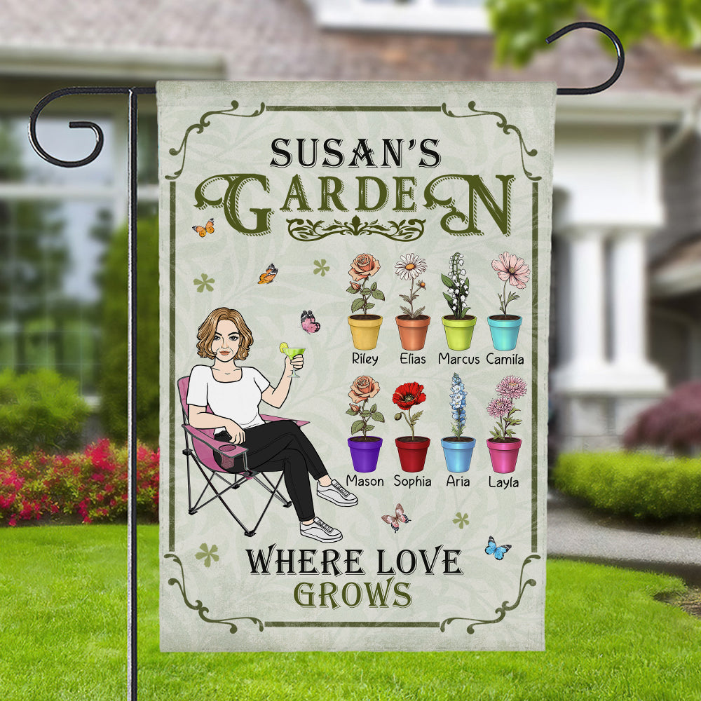 Bandera de jardín personalizada con personaje de dibujos animados, flor de nacimiento y nombre Decoración de jardín Regalo del Día de los Padres para los amantes de la jardinería en familia
