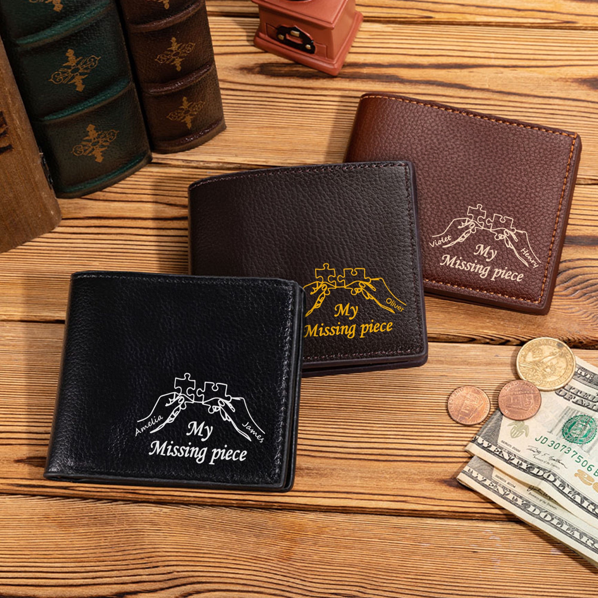 Personalizada Multicolor Mi Pieza Perdida Billetera de Cuero PU para Hombre con Nombres Día de San Valentín Aniversario Regalo para Novio Esposo