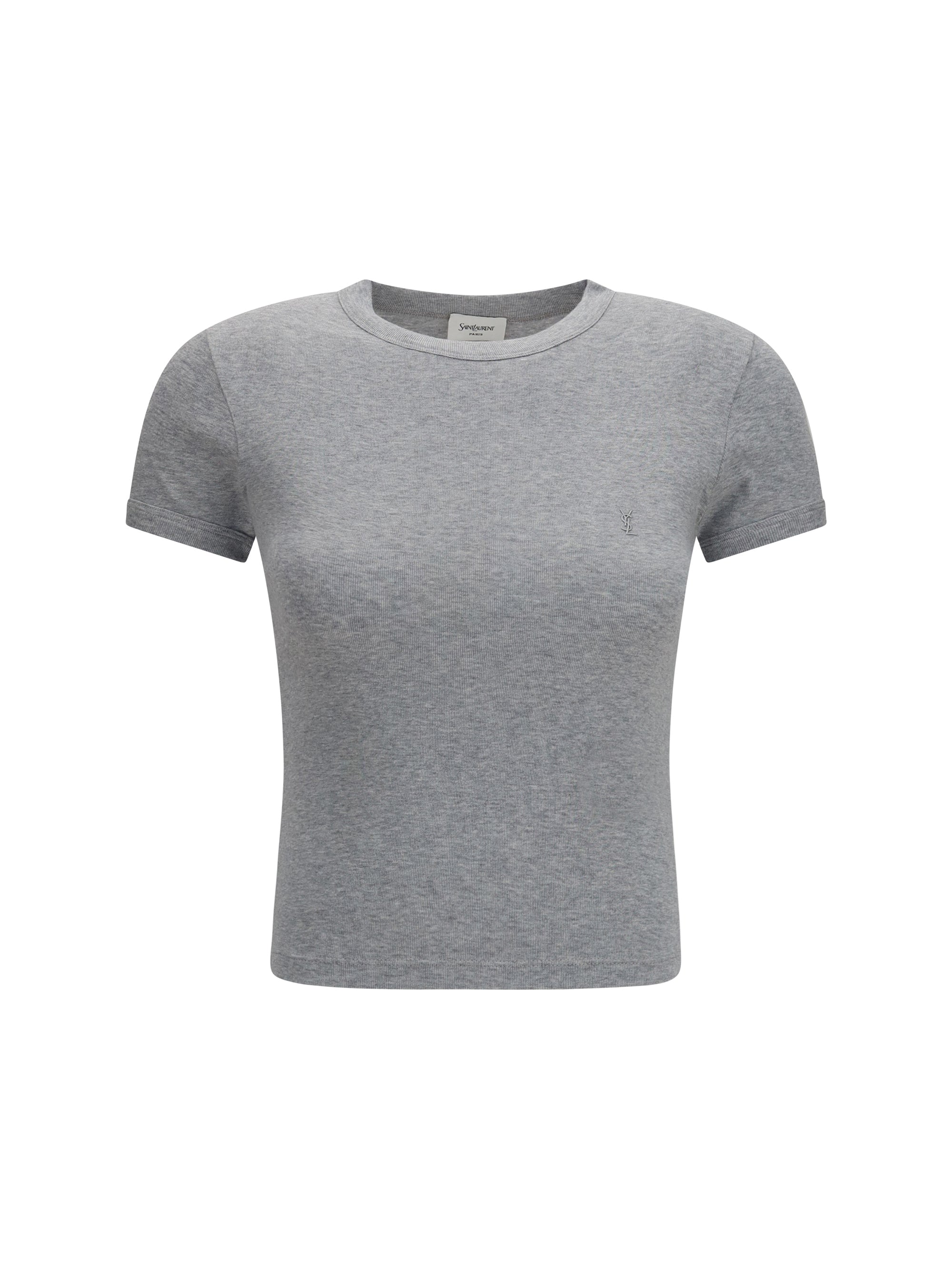 Saint Laurent Embroidered Logo Cotton T-Shirt — Gray