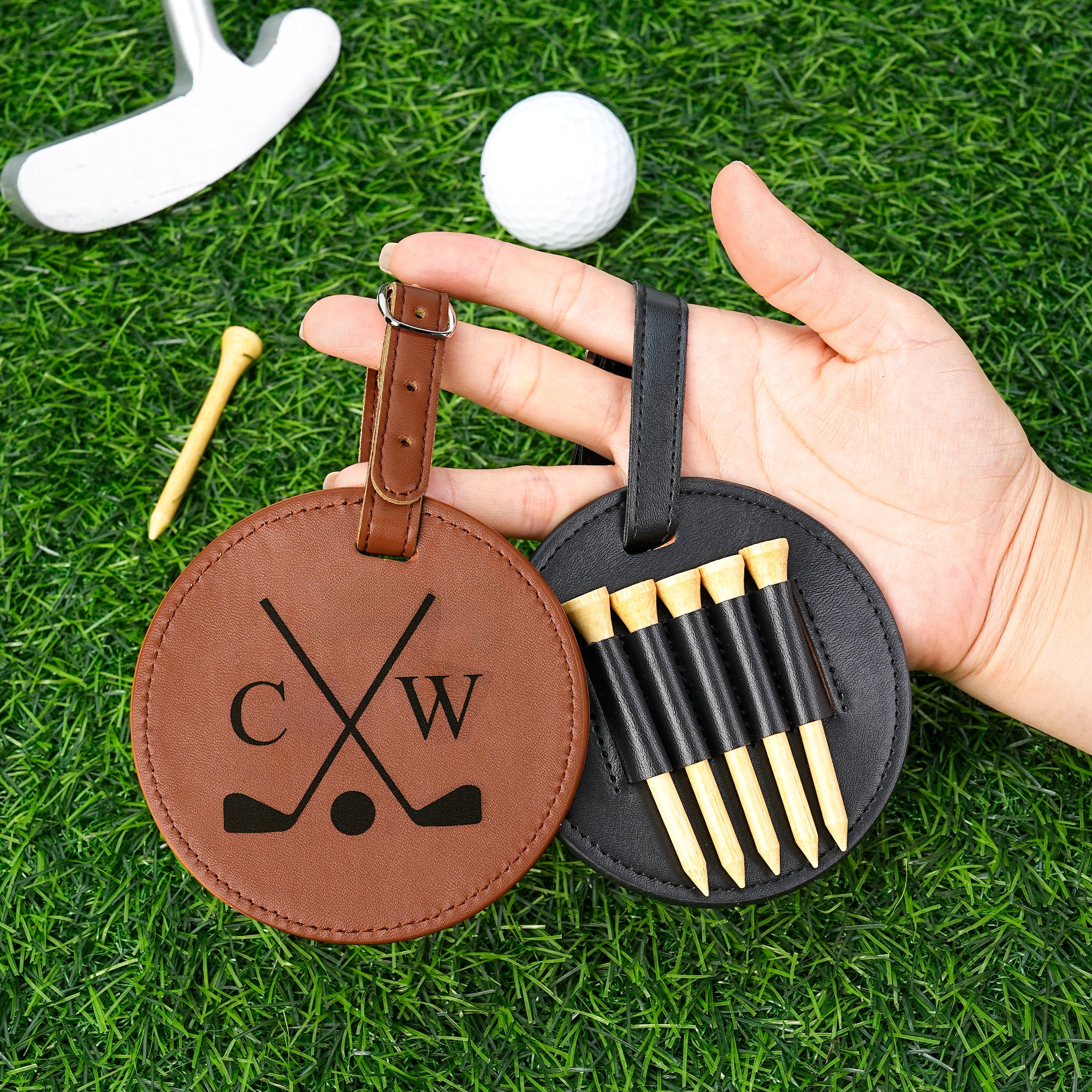 Personalizado Golf Patrón Monograma PU Cuero Bolsa de Golf Etiqueta Tee Titular con Correa Ajustable Cumpleaños Regalo de Navidad para los amantes de los jugadores de golf