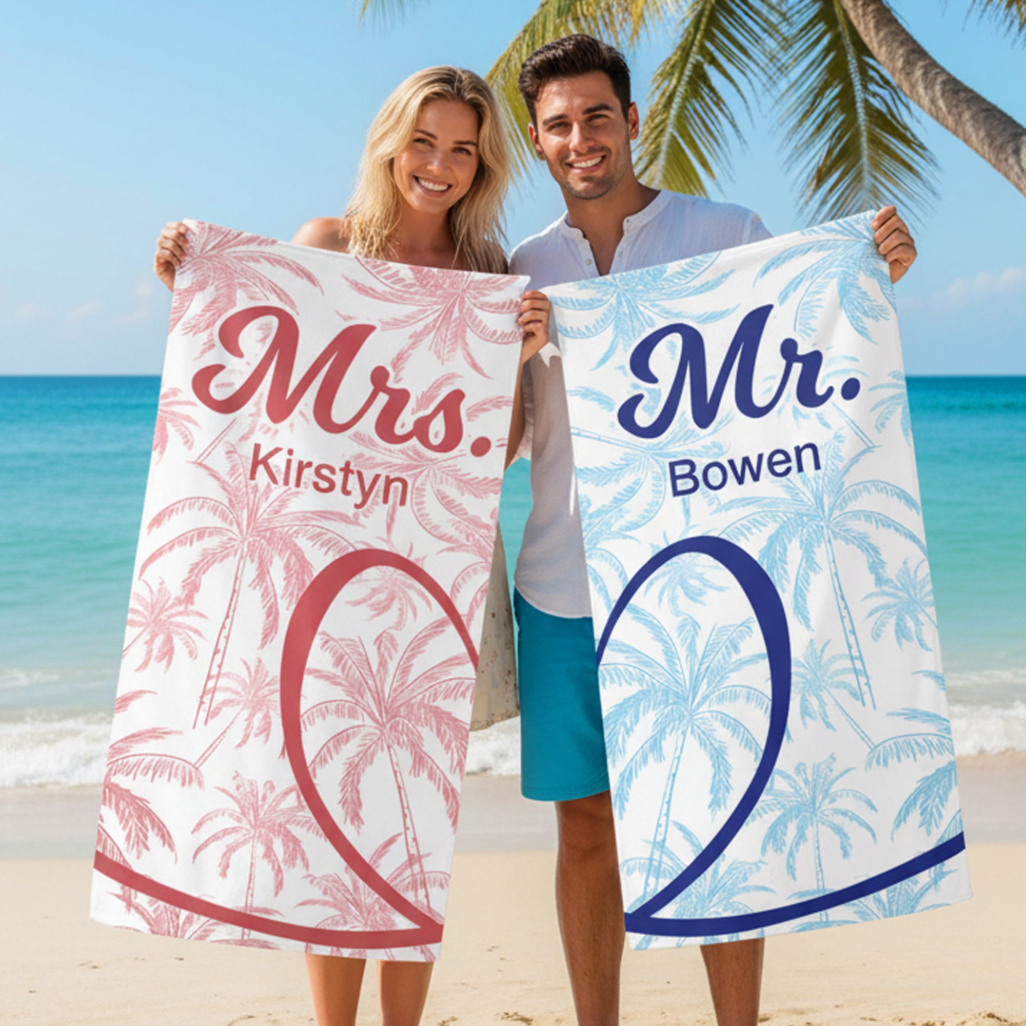 Toalla de playa con nombre Personalizada Palma Medio Corazón Secado Rápido Suave Sobredimensionada Piscina de Verano Fiesta en la Playa Cumpleaños Regalo para Pareja