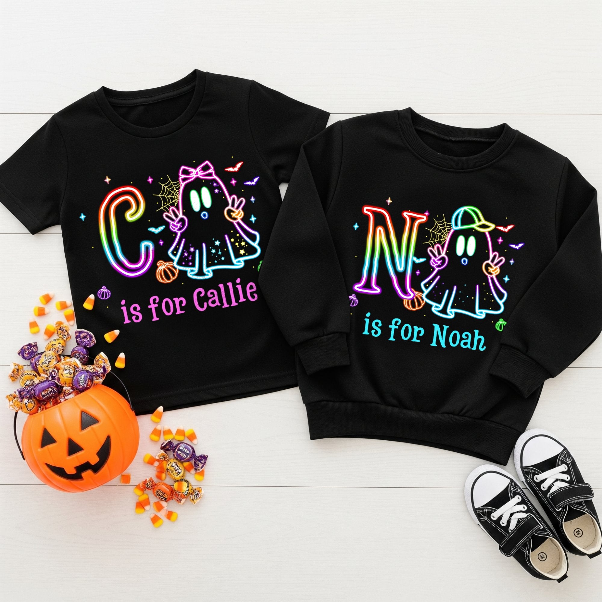 Personalizado lindo colorido Neon Boo Ghost Niño Negro Camiseta Sudadera con Nombre Halloween Fiesta Regalo para Niños Niñas
