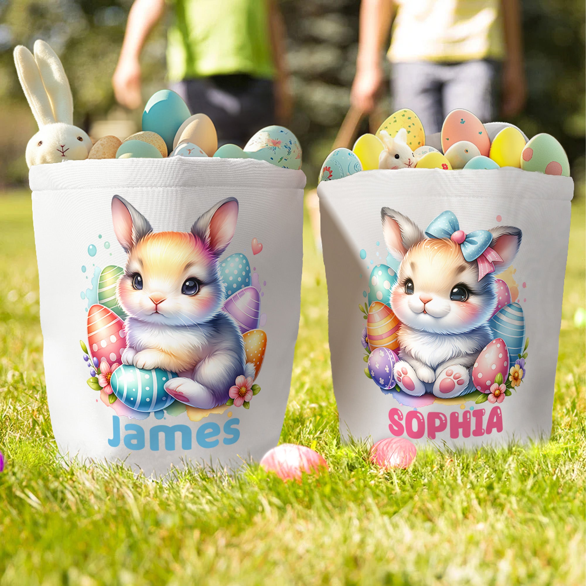 Cesta de Pascua de gran capacidad personalizada con conejito y nombre Cesta de Pascua para la caza del huevo Fiesta de Pascua Regalo para niños