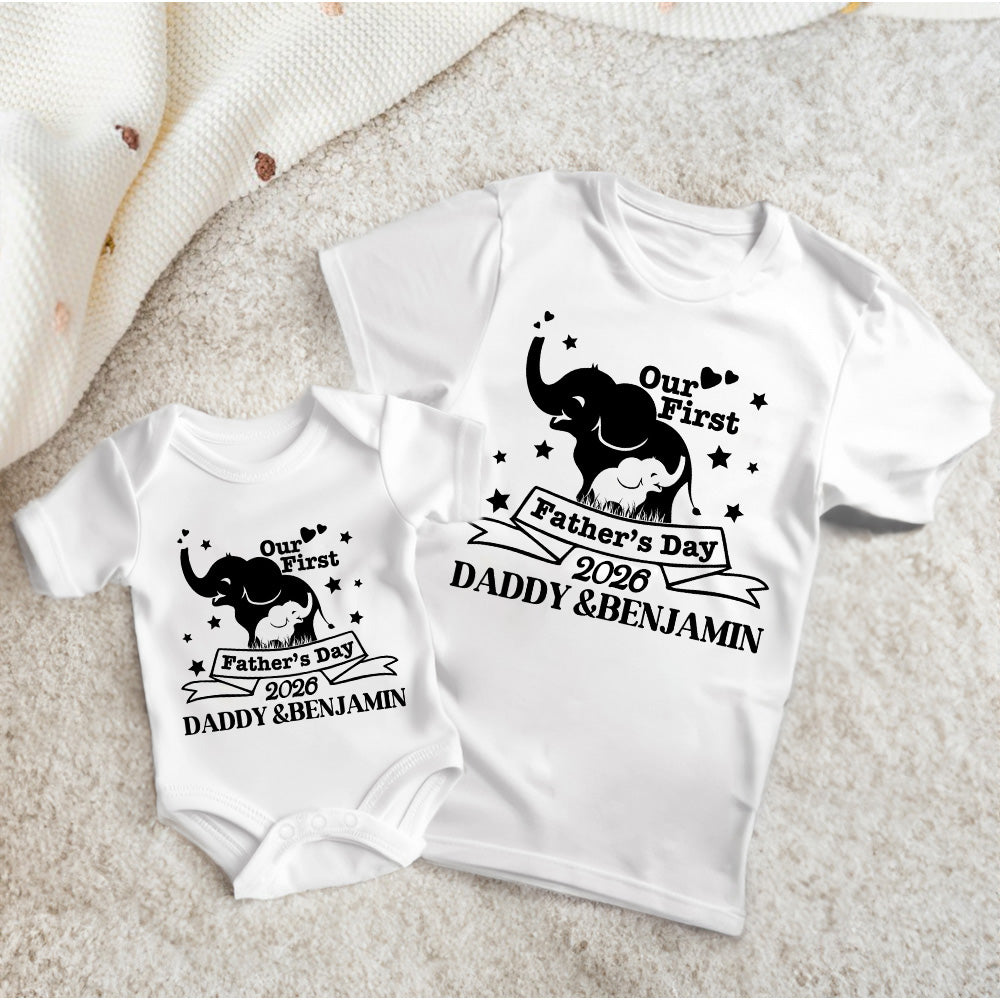 Personalizado lindo elefante 100% algodón suave camiseta del body del bebé con el nombre y el año Nuestro primer regalo del Día del Padre para el bebé papá