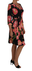 Women's Black Pink Tulip Print Stretch Shift Dress Viscose