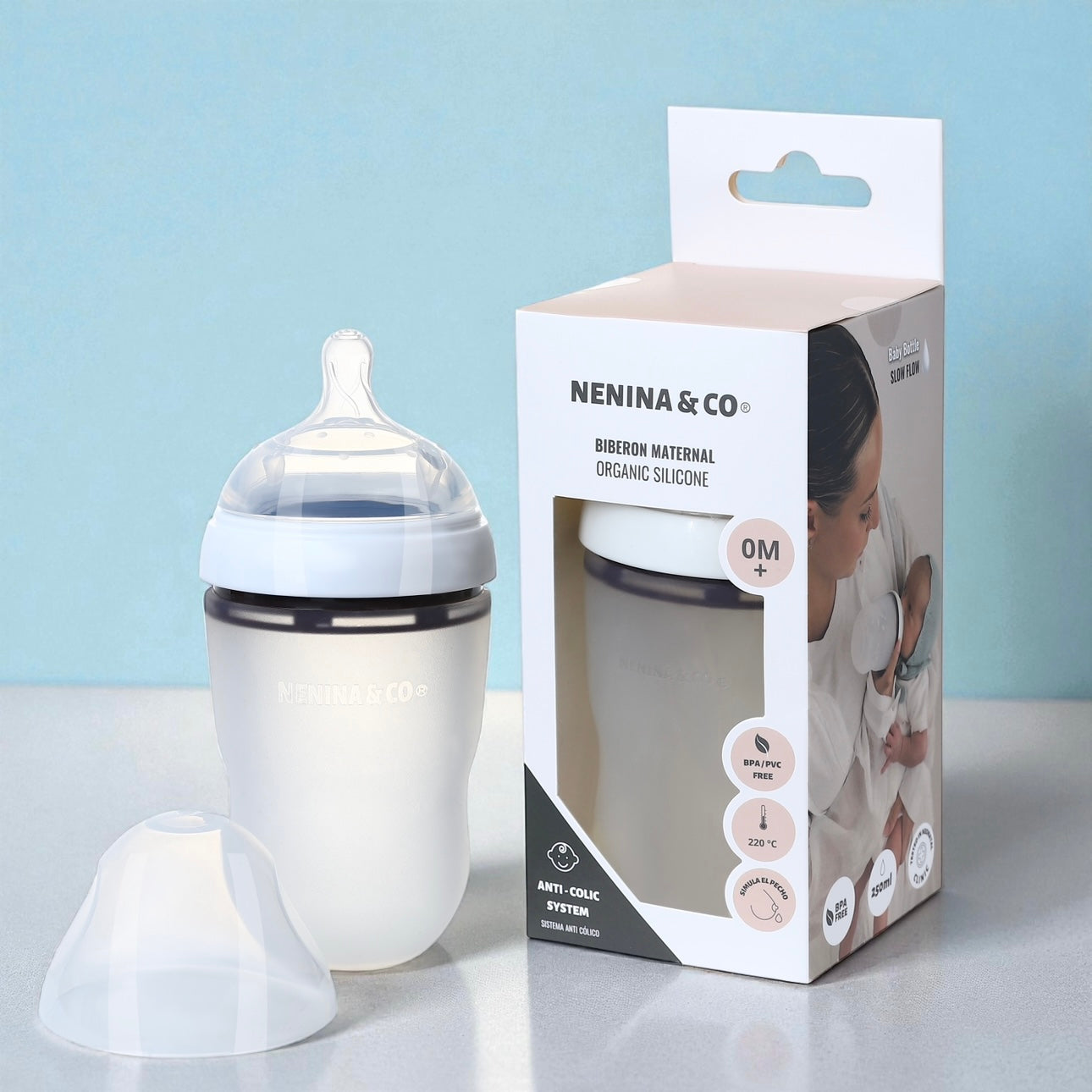 Pack Biberon Blanco flujo lento + Chupete Clásico Gris Nenina & Co